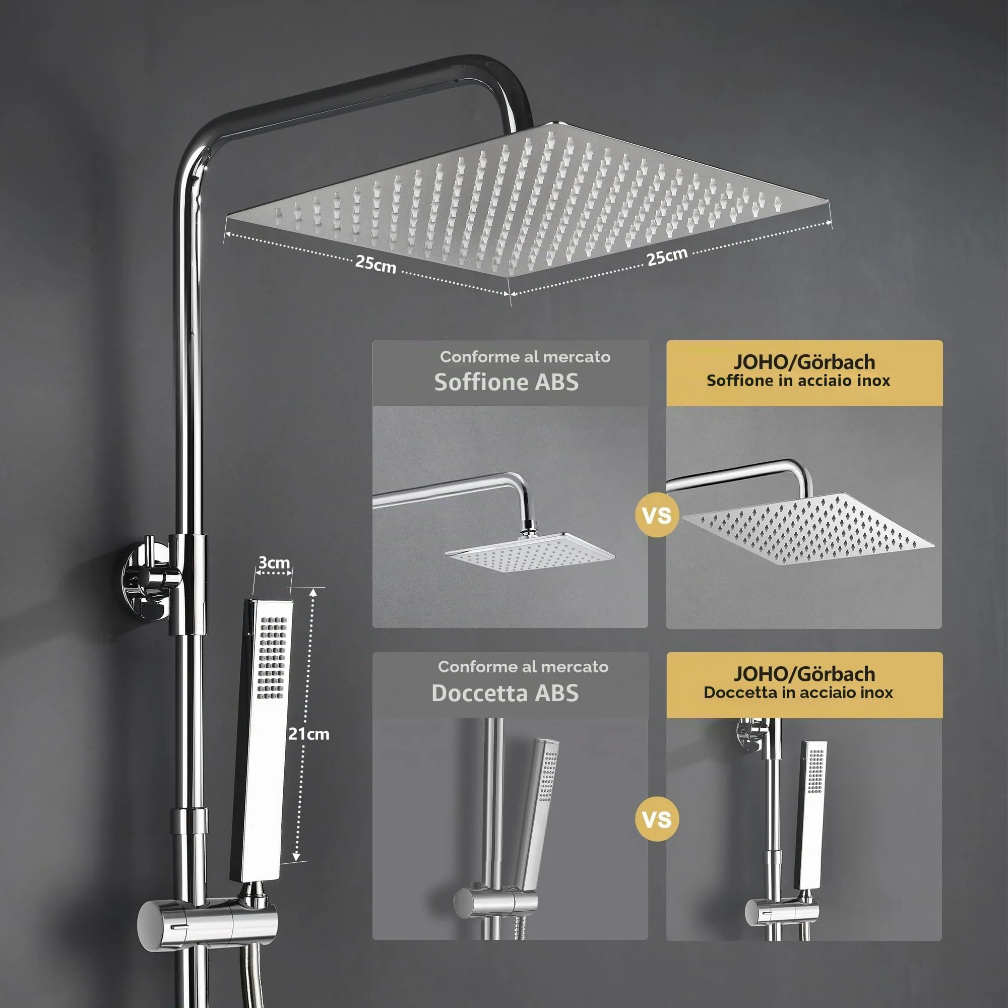 Görbach Colonna Doccia in Acciaio Inox con Miscelatore Termostatico, Soffione 25x25 cm, Cromo - SJ-TP2525CP - immagine 3
