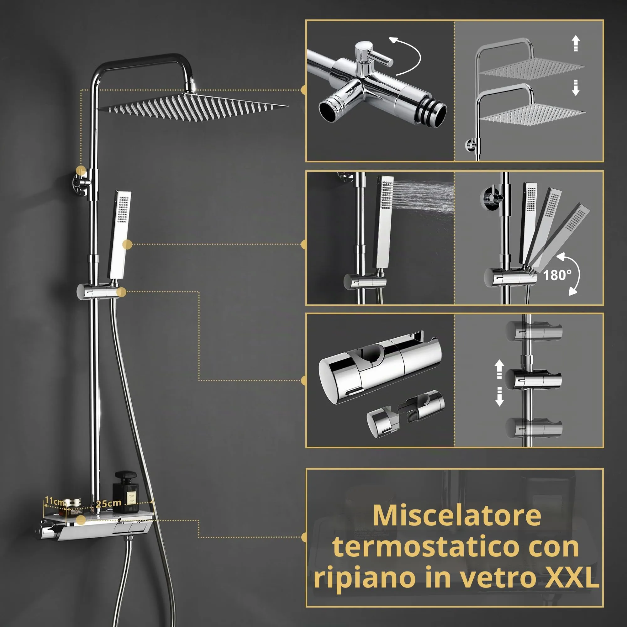 Görbach Colonna Doccia in Acciaio Inox con Miscelatore Termostatico, Soffione 25x25 cm, Cromo - SJ-TP2525CP - immagine 5