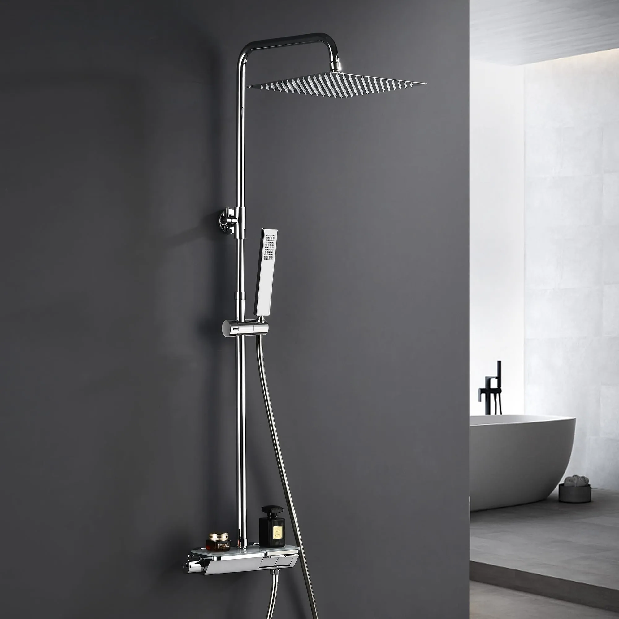 Görbach Colonna Doccia in Acciaio Inox con Miscelatore Termostatico, Soffione 25x25 cm, Cromo - SJ-TP2525CP - immagine 7