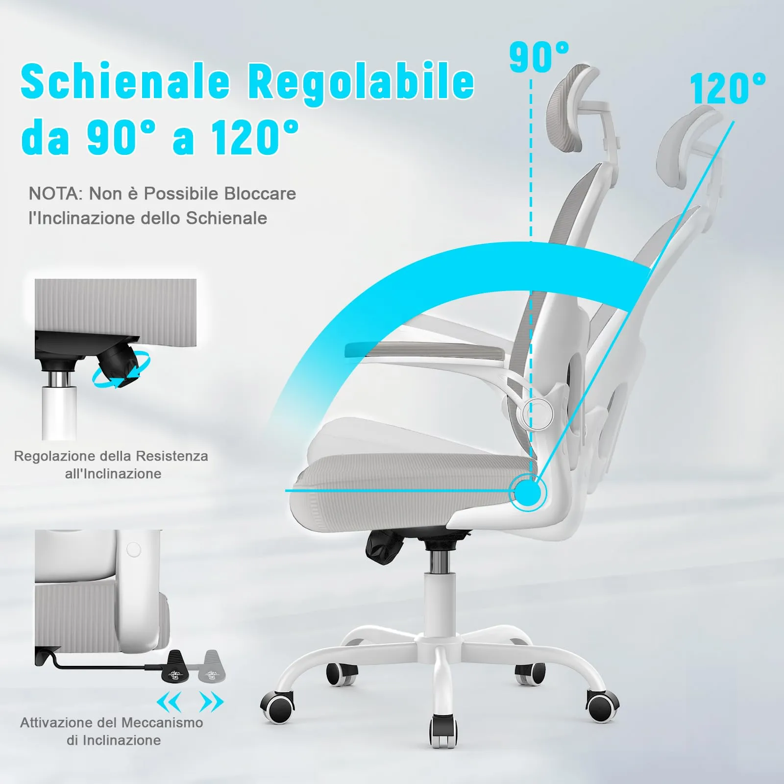 Rattantree Sedia da Ufficio Ergonomica con Poggiatesta Regolabile, Grigio - immagine 2