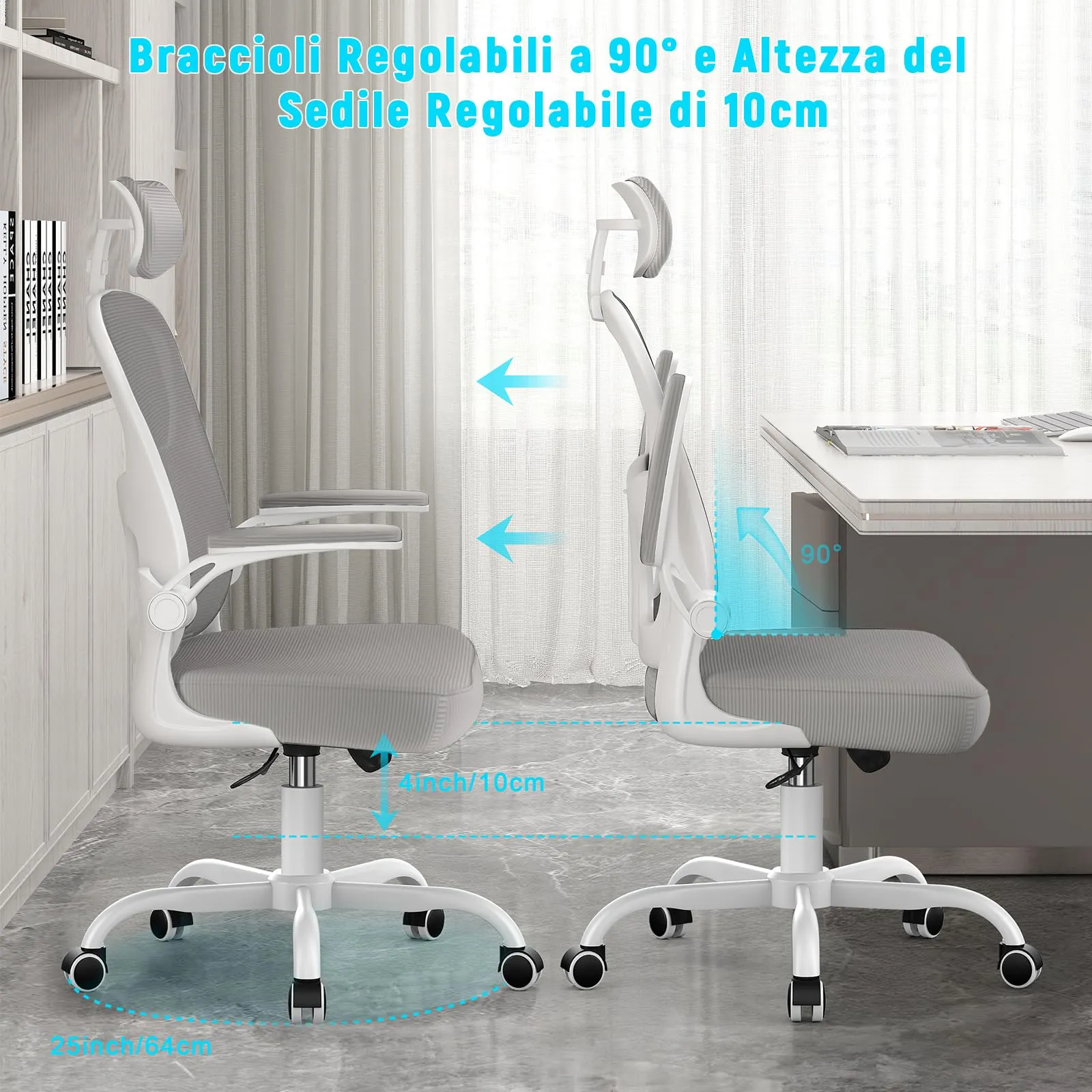 Rattantree Sedia da Ufficio Ergonomica con Poggiatesta Regolabile, Grigio - immagine 3