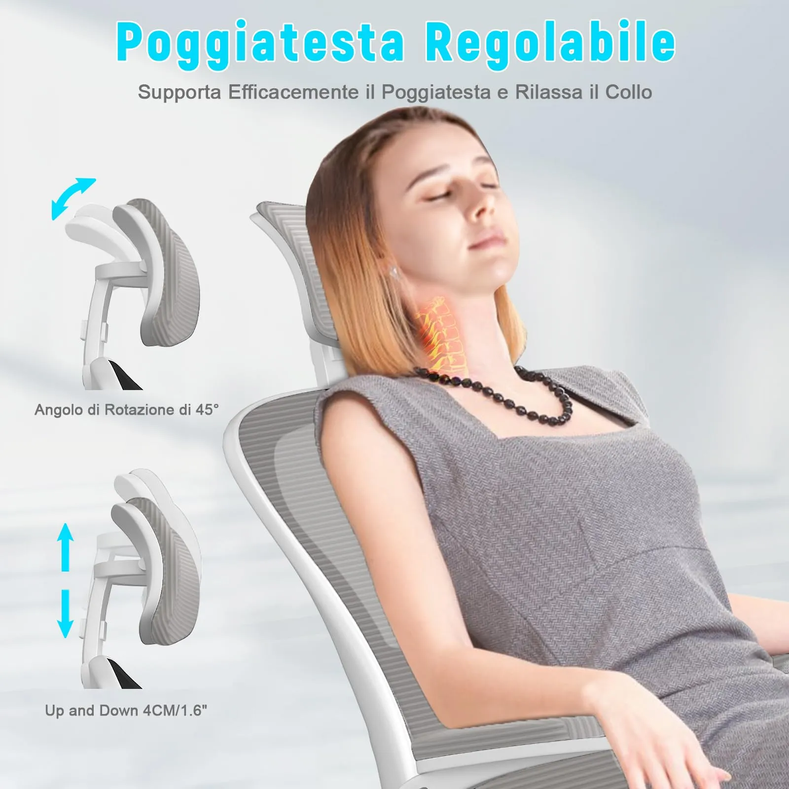 Rattantree Sedia da Ufficio Ergonomica con Poggiatesta Regolabile, Grigio - immagine 8