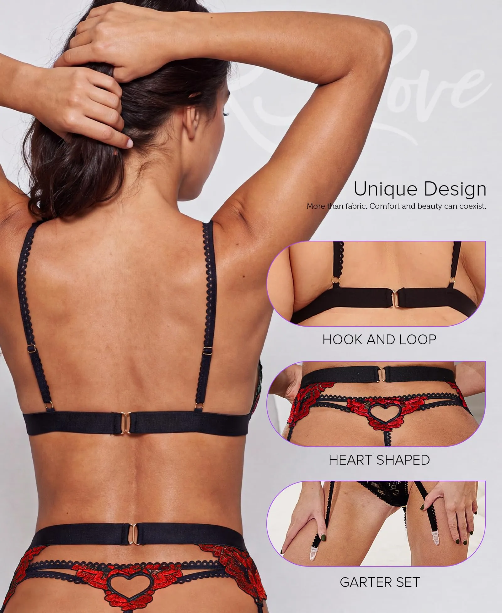 RSLOVE Set Intimo in Pizzo da Donna con Reggicalze e Body Teddy Babydoll, 3 Pezzi, Rosso Vino Nero, M - immagine 4