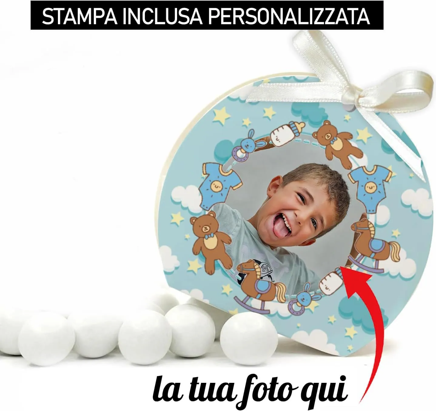 Mr Pubblicità 30 Scatoline Portaconfetti con Nastrini Personalizzate per Battesimo Nascita e Baby Shower - immagine 2