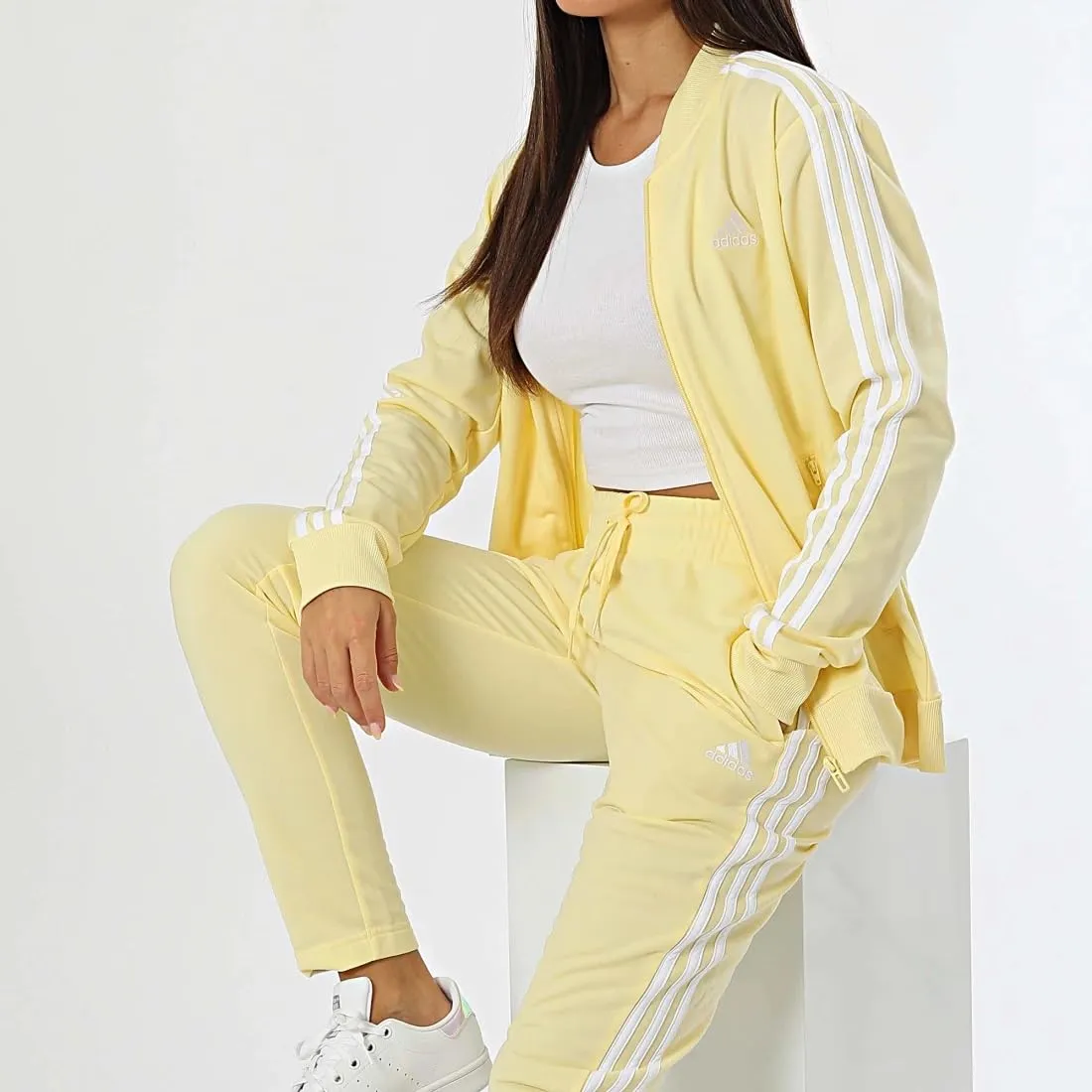 adidas Essentials 3-Stripes Track Suit, Almost Yellow/White, Women's L - immagine 2