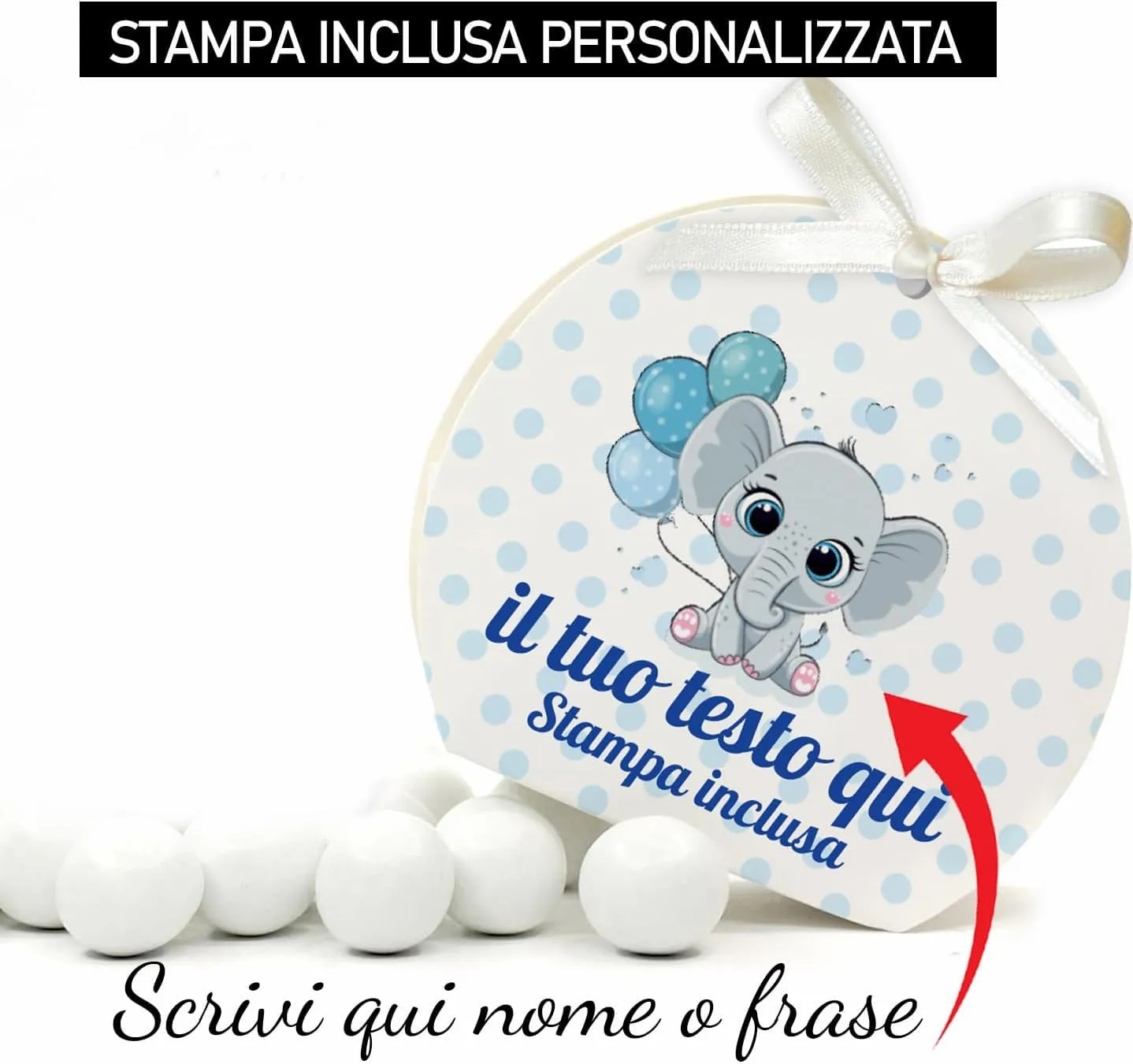 Mr Pubblicità 30 Scatoline Portaconfetti con Nastrini Personalizzate Elefantino Boy - immagine 2
