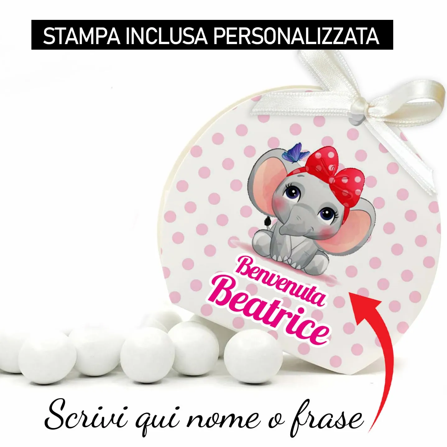 Mr Pubblicità 30 Scatoline Portaconfetti con Nastrini Personalizzate Elefantino Girl - immagine 3