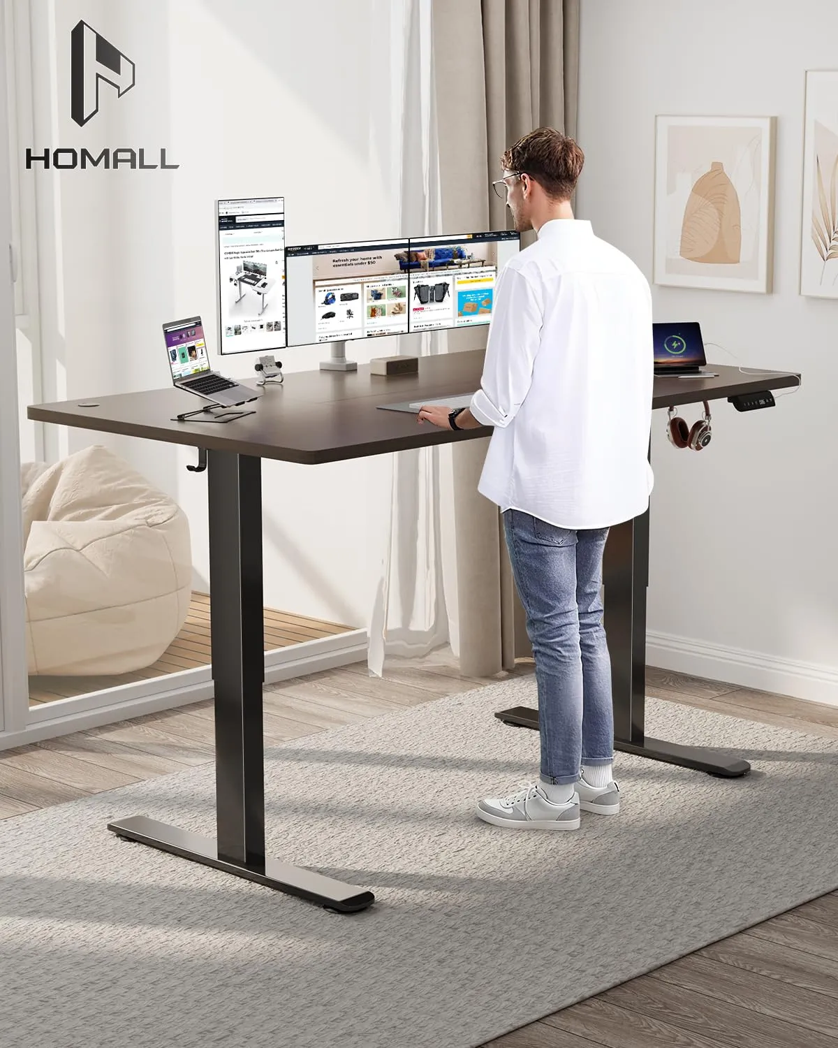 Homall Scrivania Regolabile in Altezza 140x70 cm con Porta USB, Noce - immagine 2