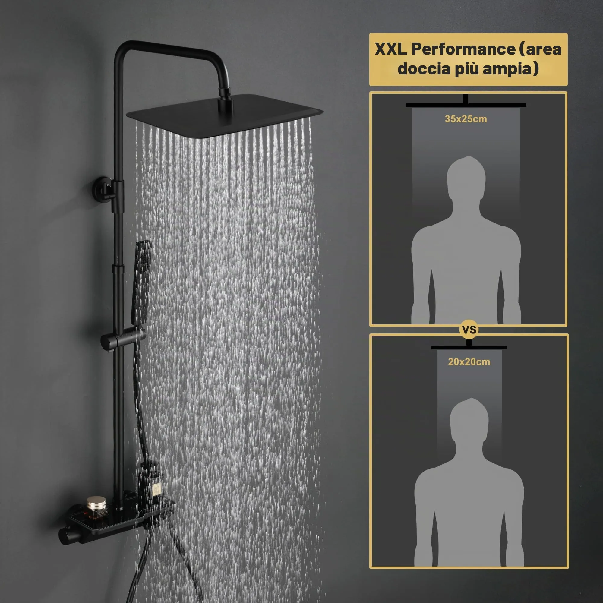 Görbach Colonna Doccia in Acciaio Inox Termostatica con Soffione 35x25 cm, Nero - immagine 2