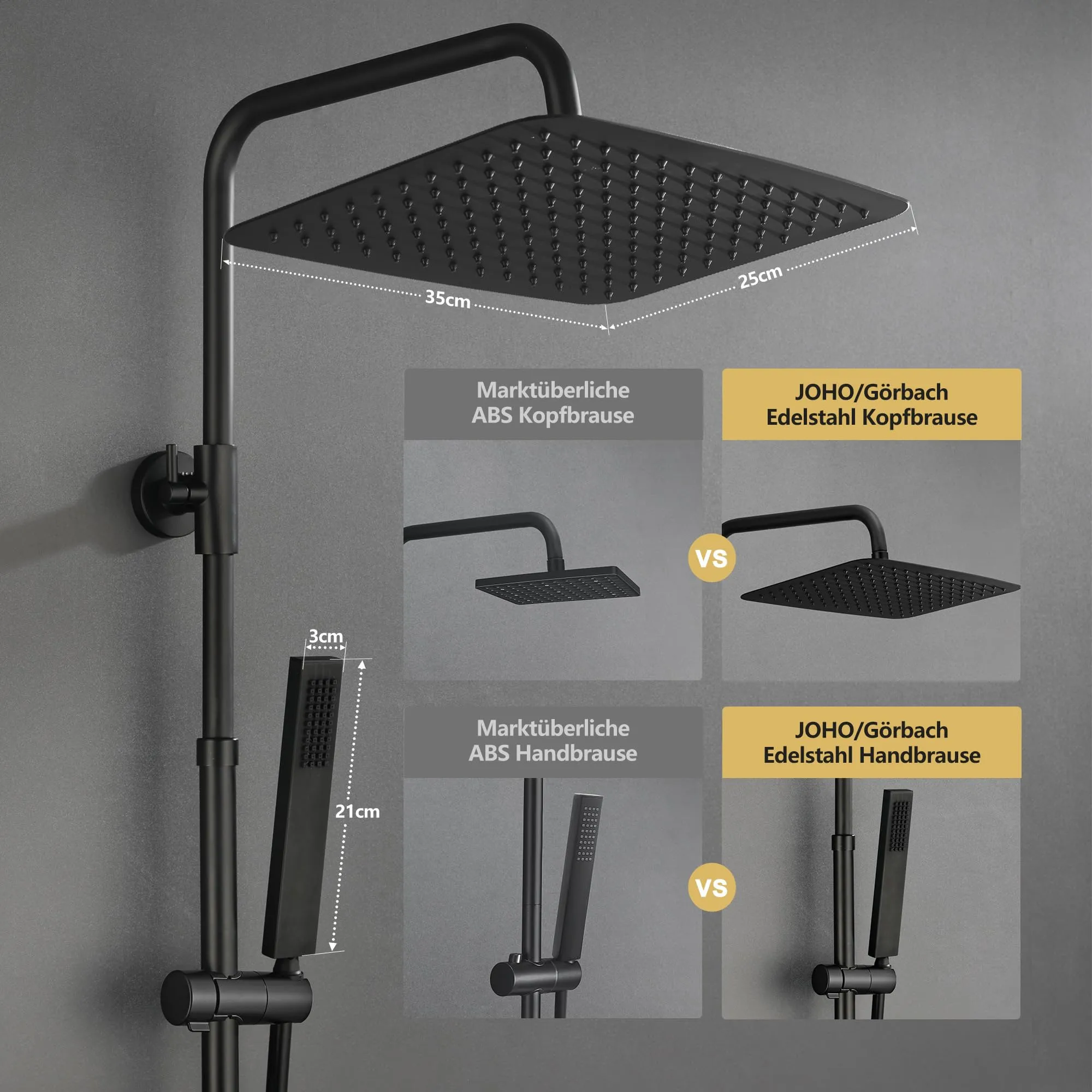 Görbach Colonna Doccia in Acciaio Inox Termostatica con Soffione 35x25 cm, Nero - immagine 3