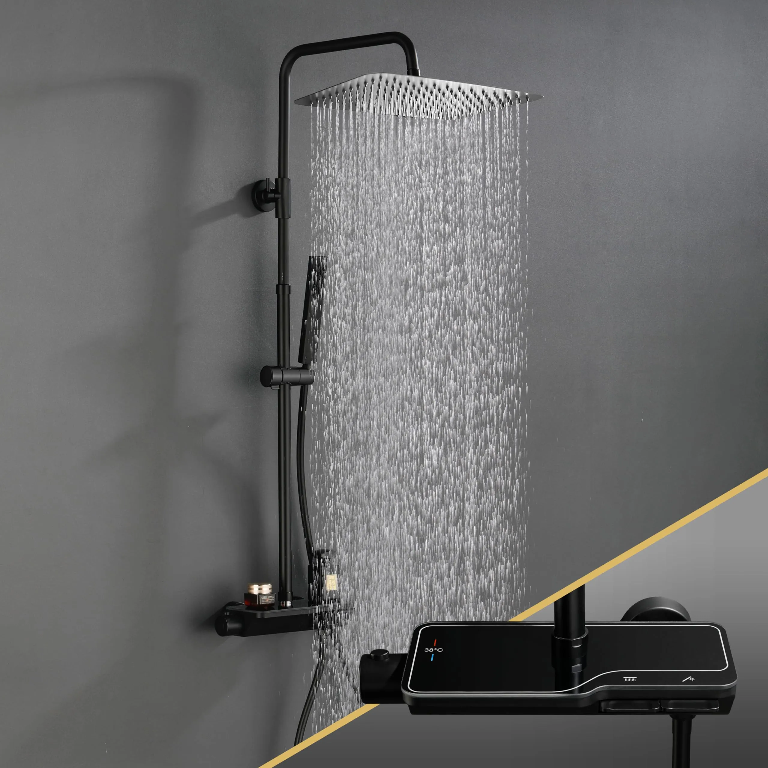 Görbach Colonna Doccia in Acciaio Inox Termostatica con Soffione 35x25 cm, Nero - immagine 7