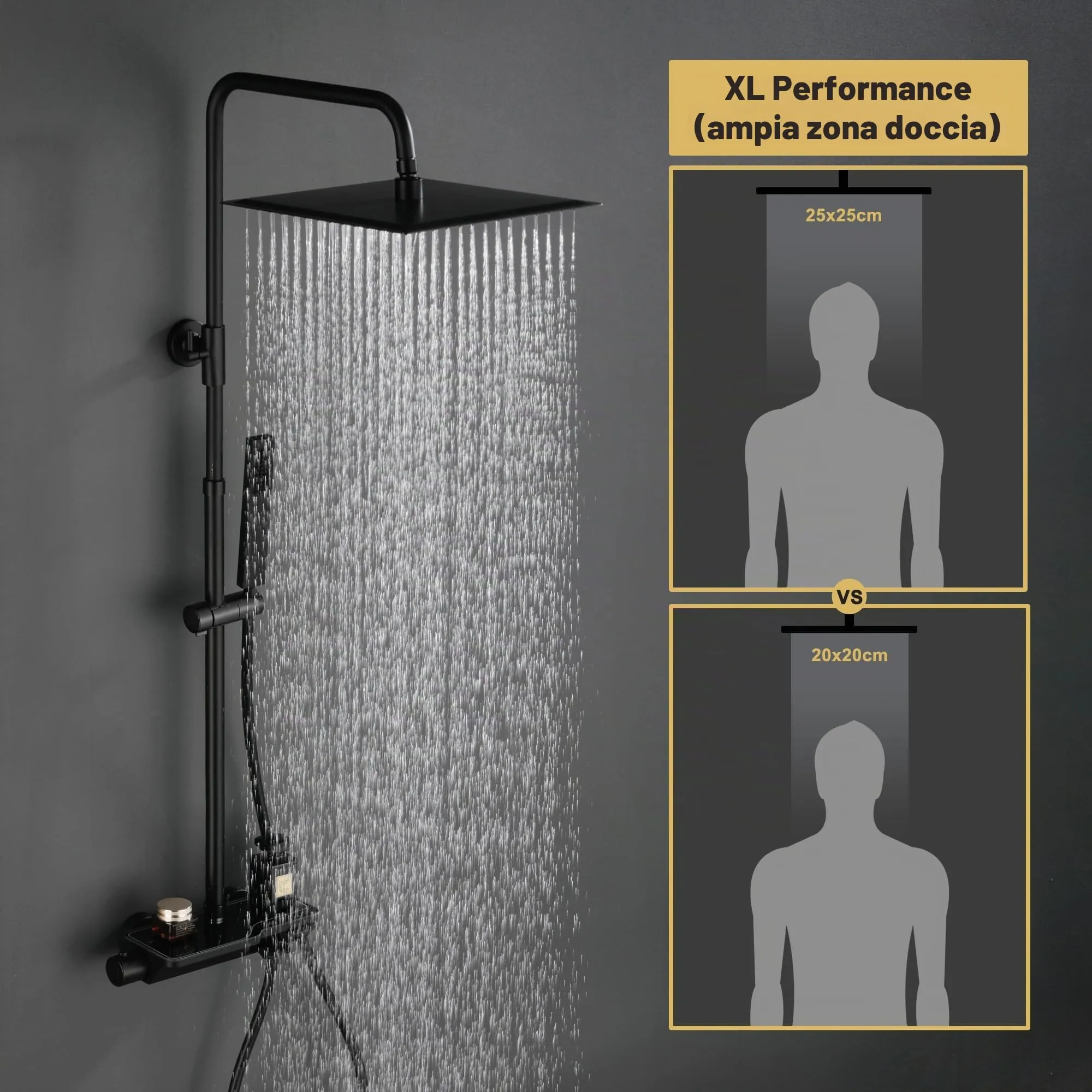 Görbach Colonna Doccia in Acciaio Inox con Miscelatore Termostatico e Soffione 25x25 cm, Nero - immagine 2