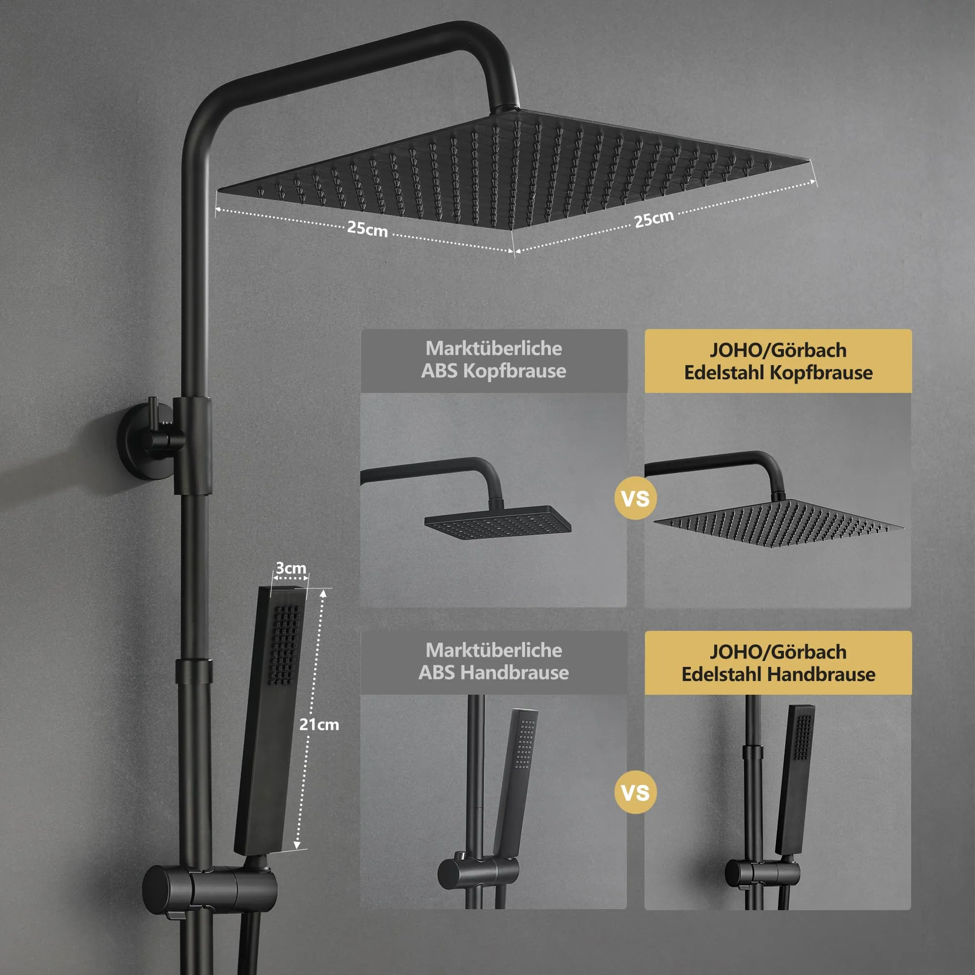 Görbach Colonna Doccia in Acciaio Inox con Miscelatore Termostatico e Soffione 25x25 cm, Nero - immagine 3