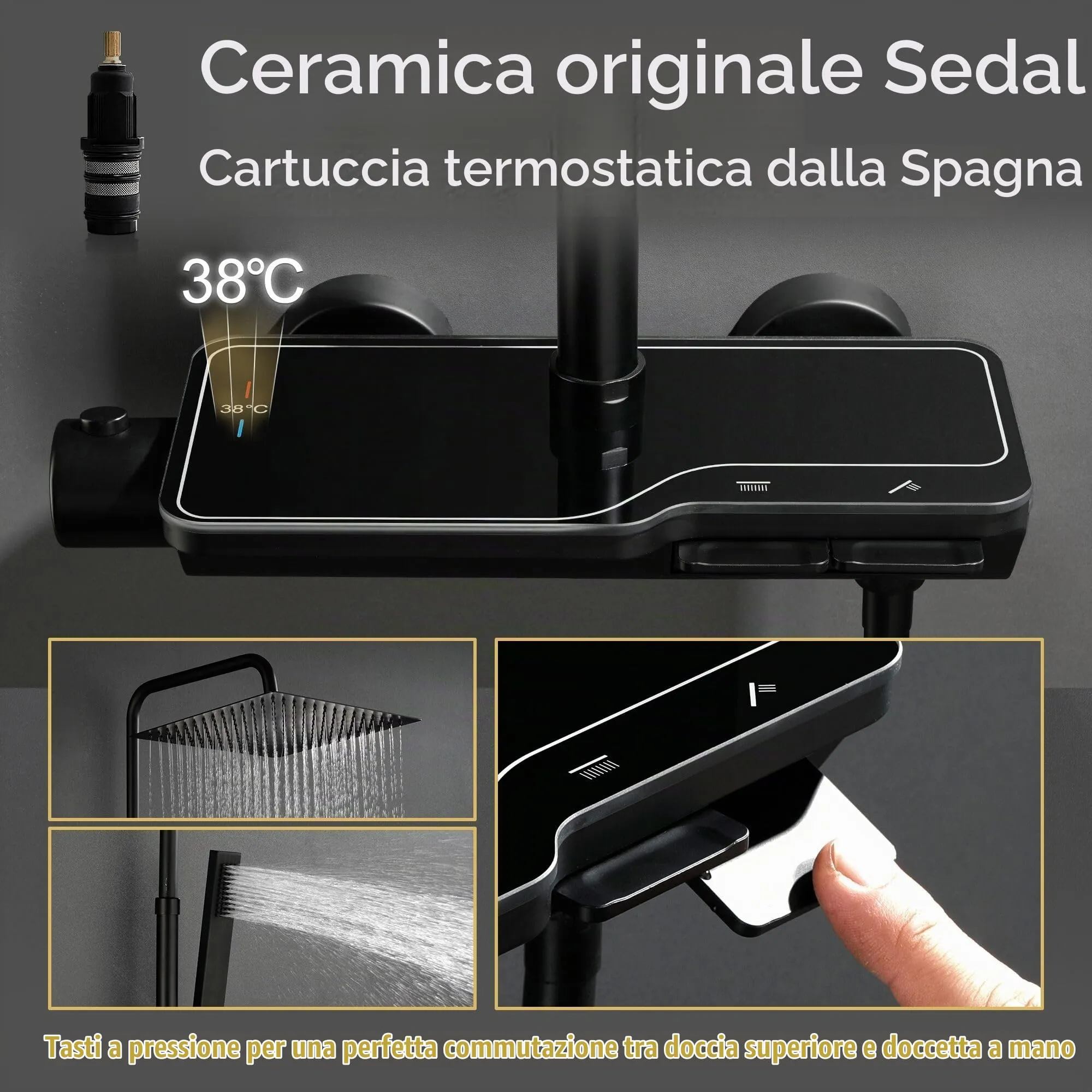 Görbach Colonna Doccia in Acciaio Inox con Miscelatore Termostatico e Soffione 25x25 cm, Nero - immagine 4