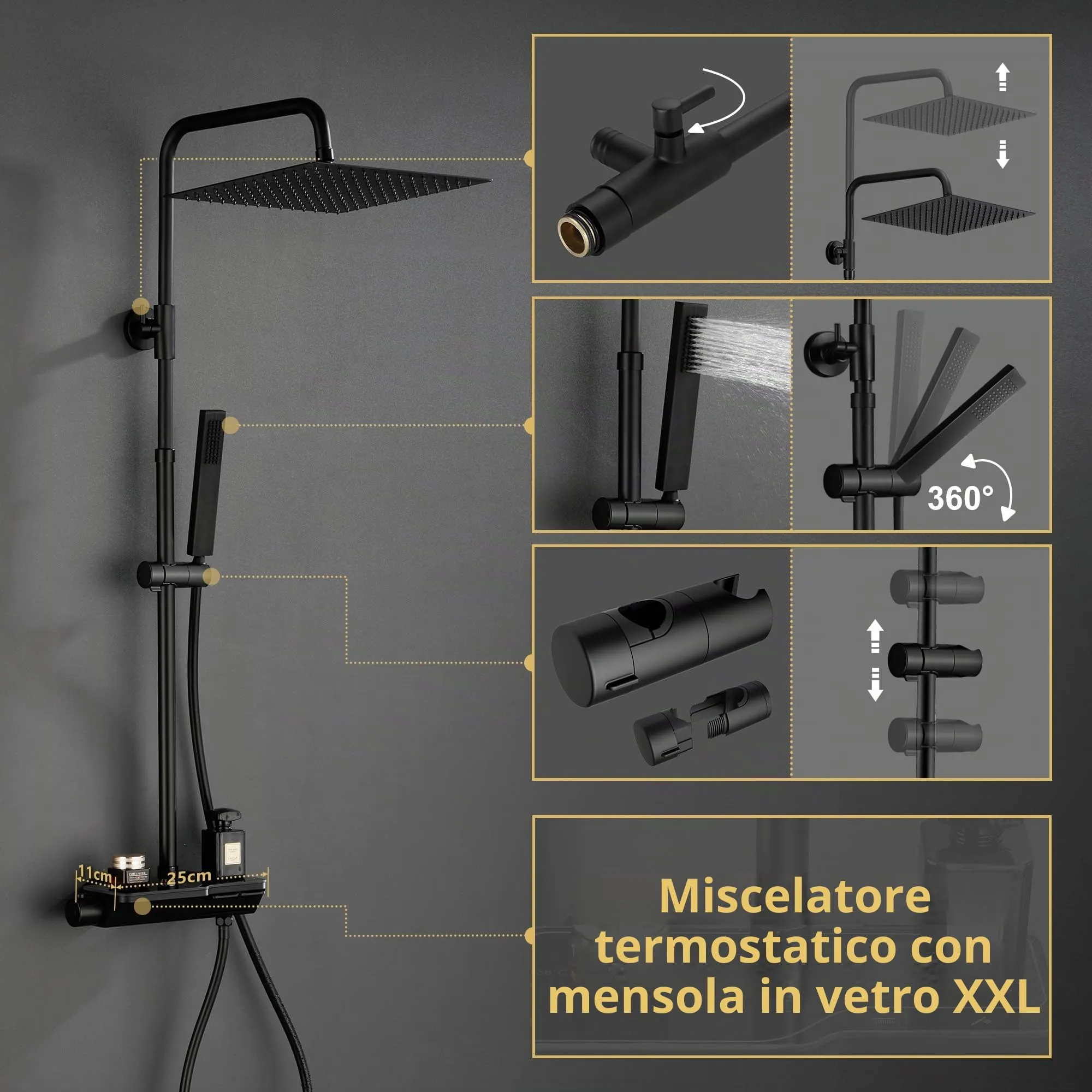 Görbach Colonna Doccia in Acciaio Inox con Miscelatore Termostatico e Soffione 25x25 cm, Nero - immagine 5