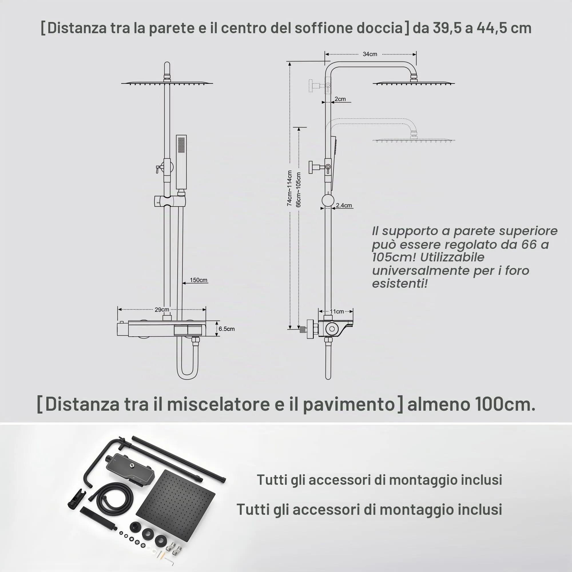 Görbach Colonna Doccia in Acciaio Inox con Miscelatore Termostatico e Soffione 25x25 cm, Nero - immagine 6