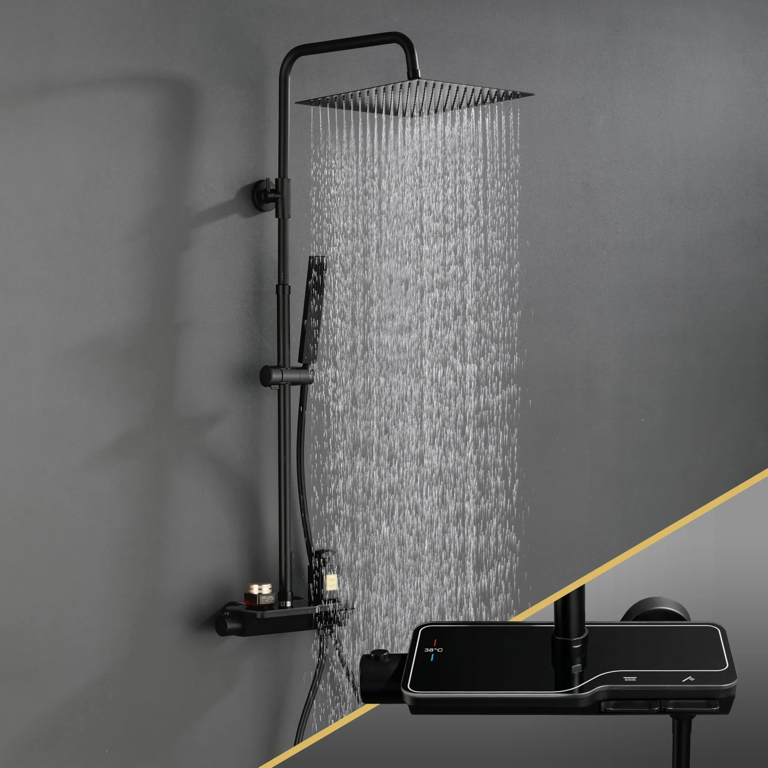 Görbach Colonna Doccia in Acciaio Inox con Miscelatore Termostatico e Soffione 25x25 cm, Nero - immagine 7