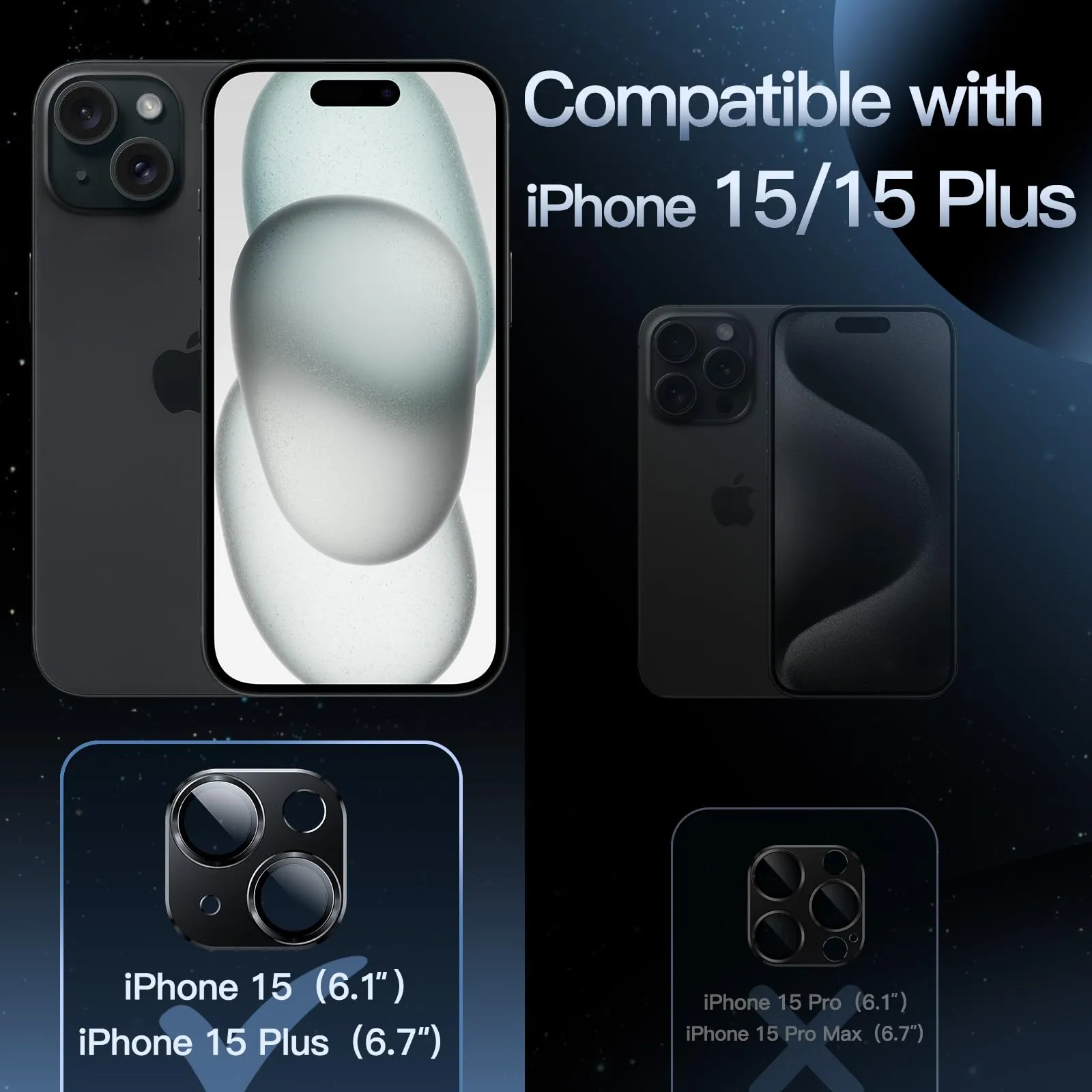 JETech Pellicola Protettiva Fotocamera per iPhone 15/15 Plus, Mezzanotte - immagine 2
