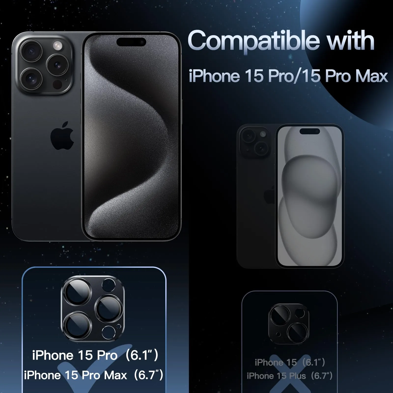 JETech Pellicola Protettiva Fotocamera per iPhone 15 Pro/15 Pro Max, Nero Siderale - immagine 2