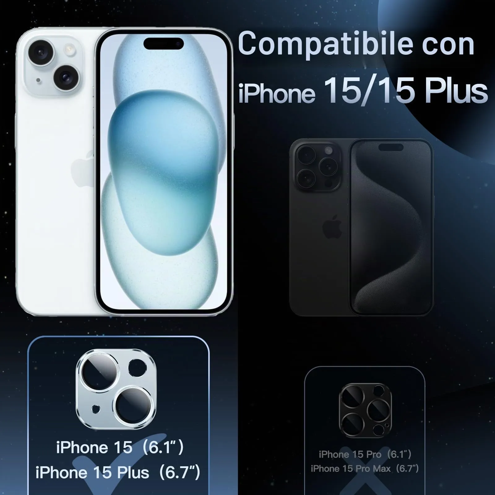 JETech Pellicola Protettiva Fotocamera per iPhone 15/15 Plus, Blu - immagine 2