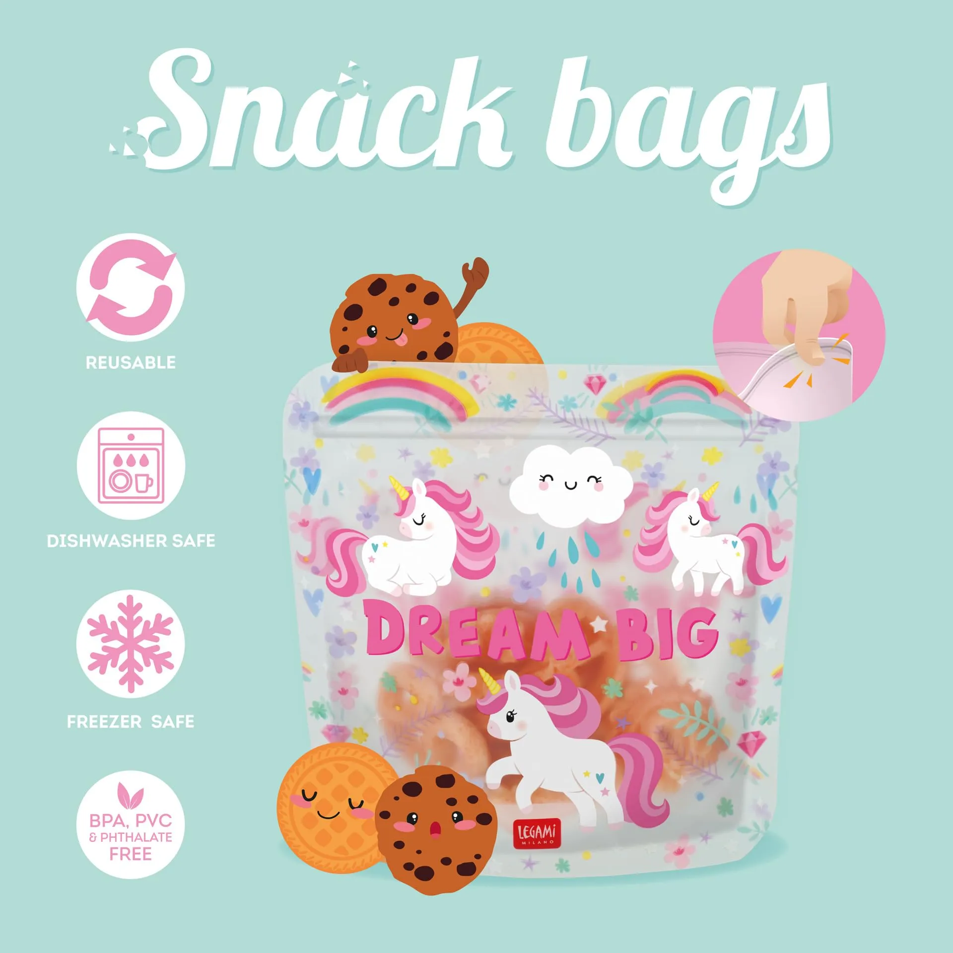 Legami Set di 3 Buste per Alimenti Riutilizzabili Unicorn, Misure S, M, L - immagine 2