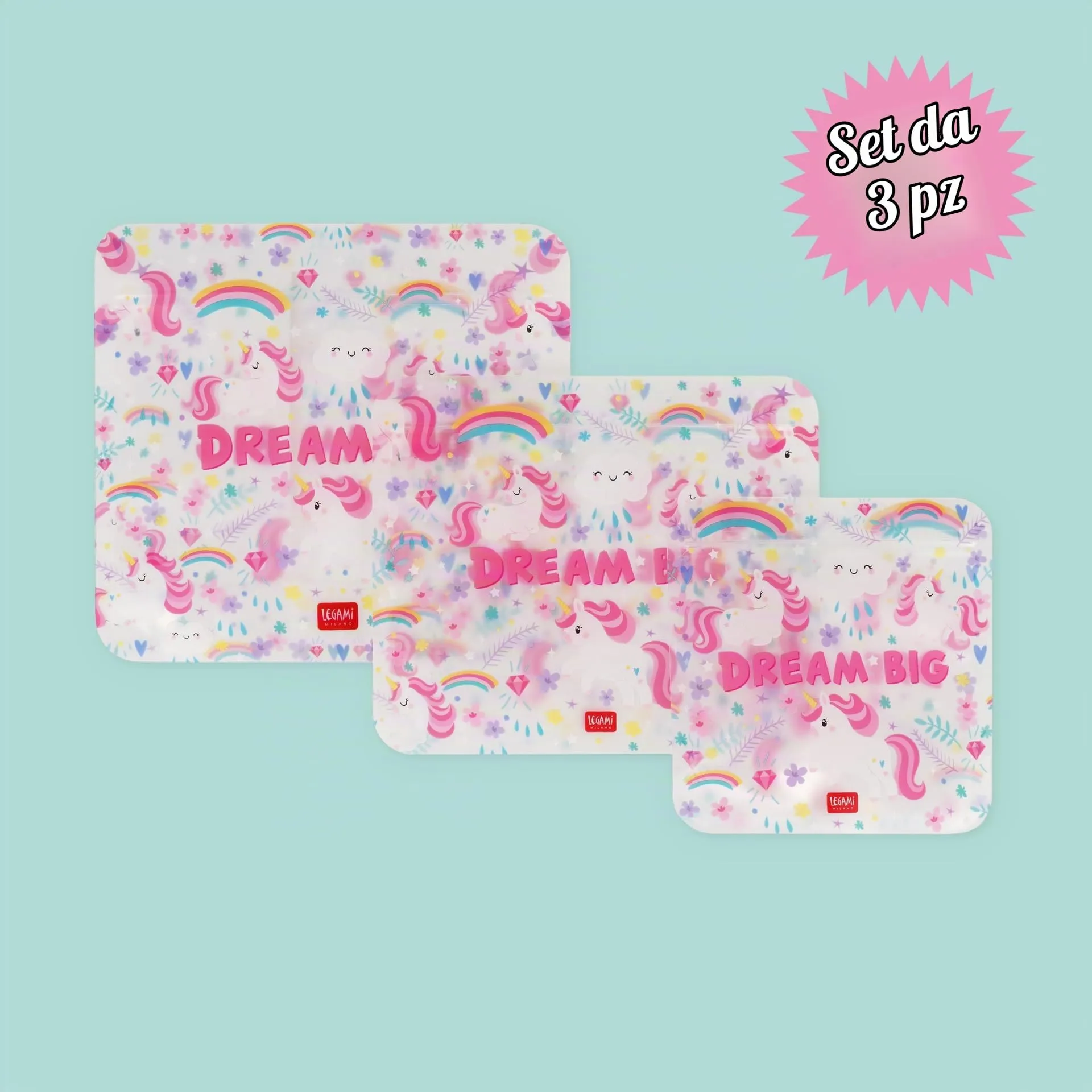 Legami Set di 3 Buste per Alimenti Riutilizzabili Unicorn, Misure S, M, L - immagine 3