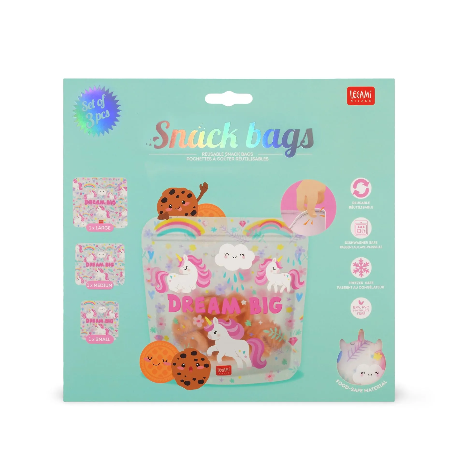 Legami Set di 3 Buste per Alimenti Riutilizzabili Unicorn, Misure S, M, L - immagine 5