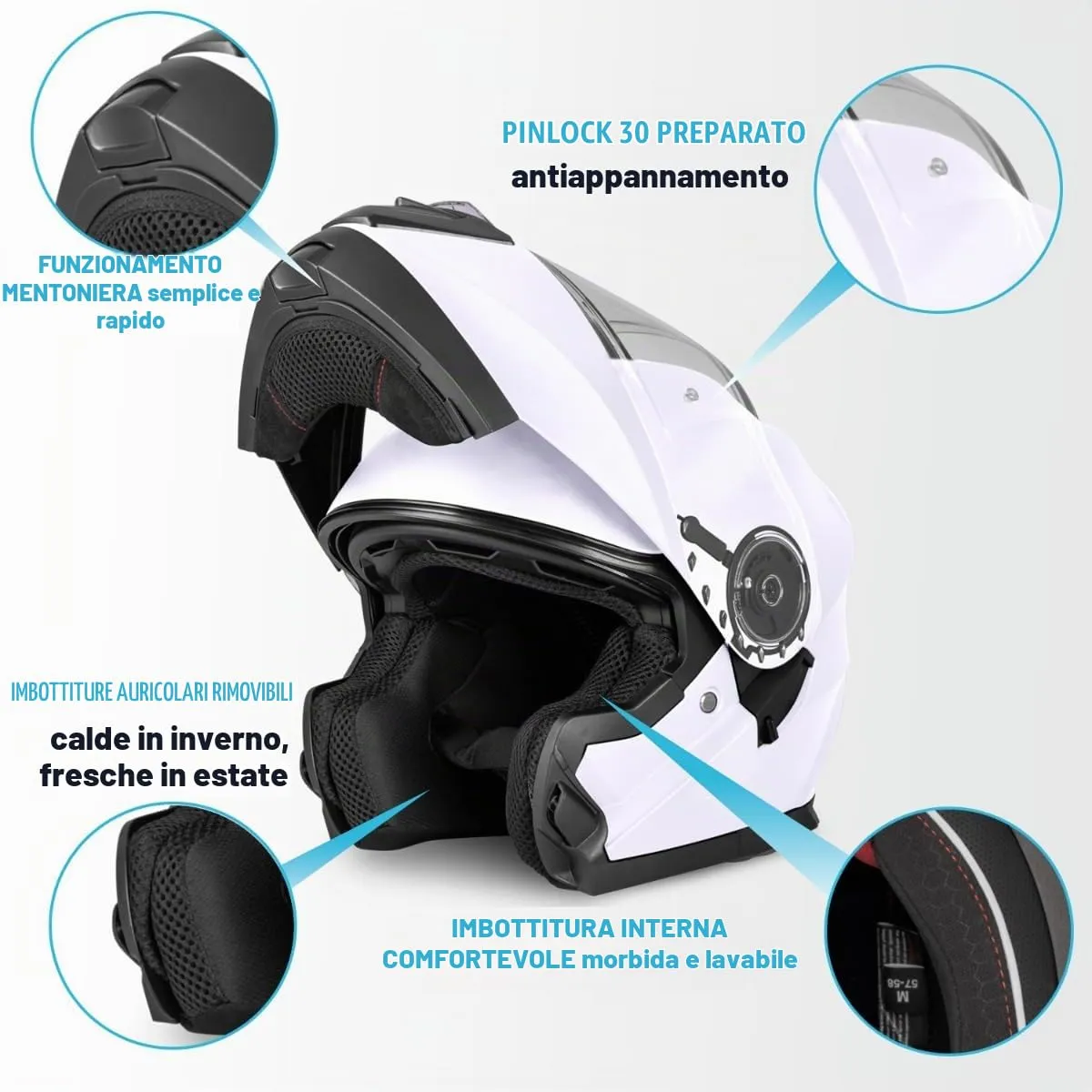 Vinz Santos Casco Modulare Moto & Scooter, Doppia Visiera, ECE 22.06, Pinlock Preparato, Bianco, Taglia M - immagine 3
