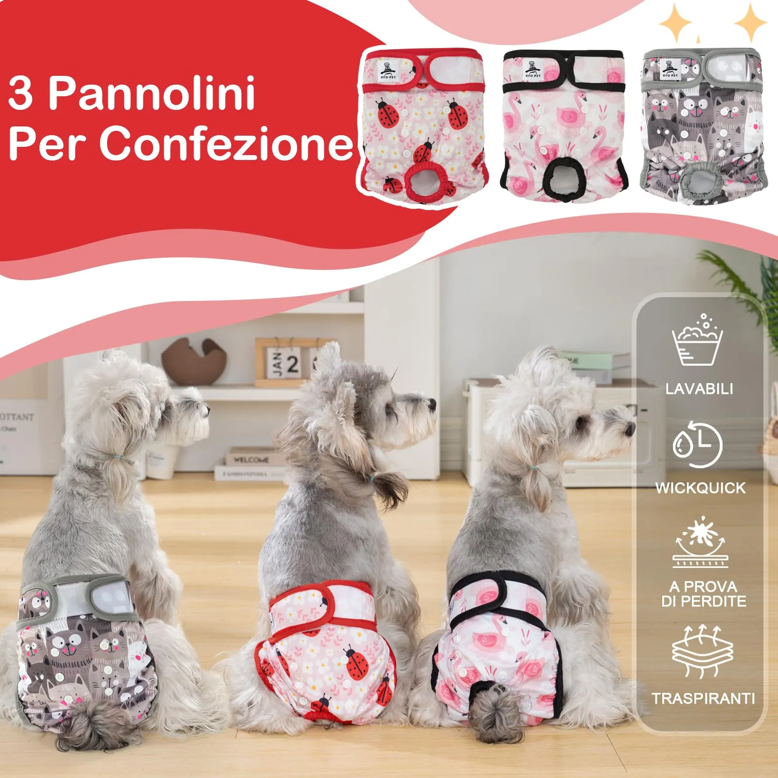 UFO PET Mutandine Lavabili per Cane Femmina, Taglia S, 3 Pezzi - immagine 3