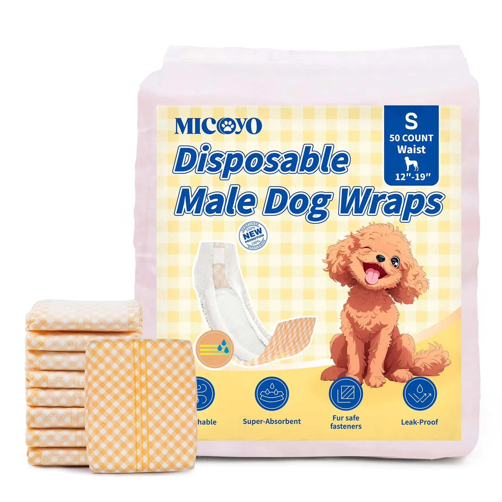 MICOOYO Pannolini usa e getta per cani maschi con indicatore di umidità, S, confezione da 50 - immagine 1