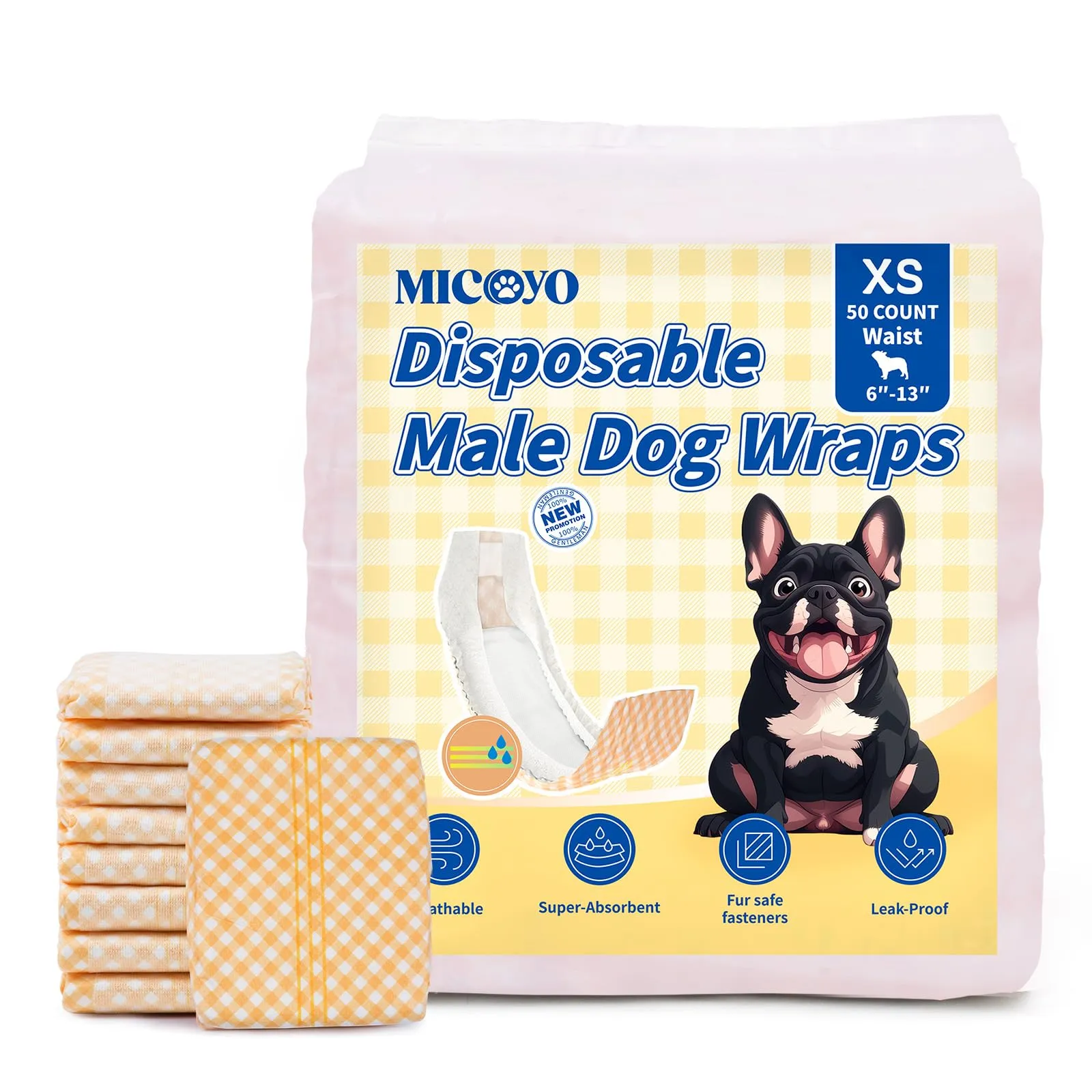 MICOOYO Pannolini usa e getta per cani maschi con indicatore di umidità, XS, Confezione da 50 - immagine 1