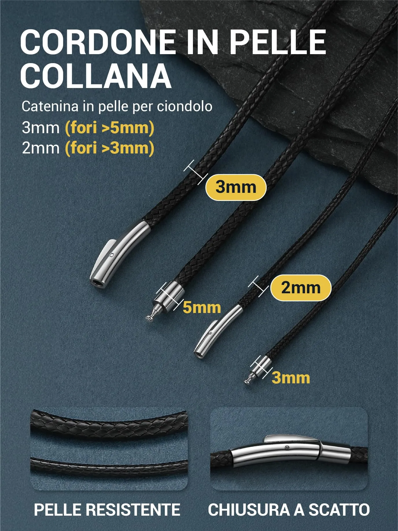 PROSTEEL Collana in Pelle Sintetica Impermeabile Uomo 2/3mm 41-76cm Nera - immagine 5