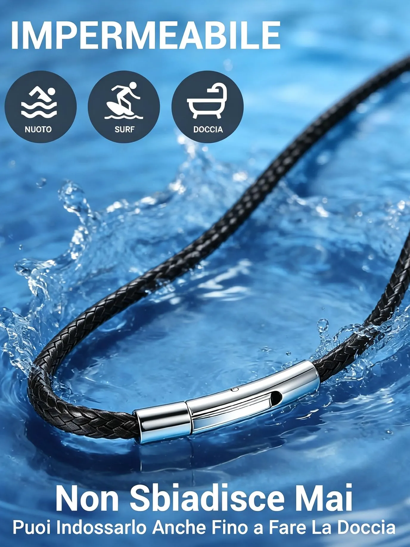 PROSTEEL Collana in Cera Nera Impermeabile, Chiusura in Acciaio Inox, 3mm, 71 cm - immagine 7