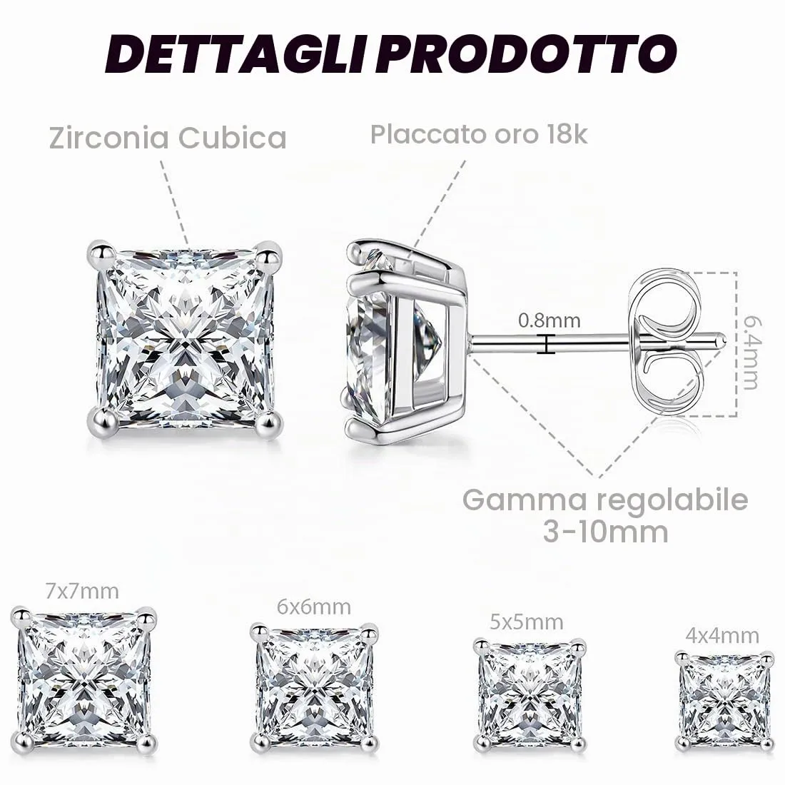 BLPRKOT Orecchini a bottone quadrati con zirconi cubici in acciaio inossidabile, 4 paia (4, 5, 6, 7 mm) - immagine 2