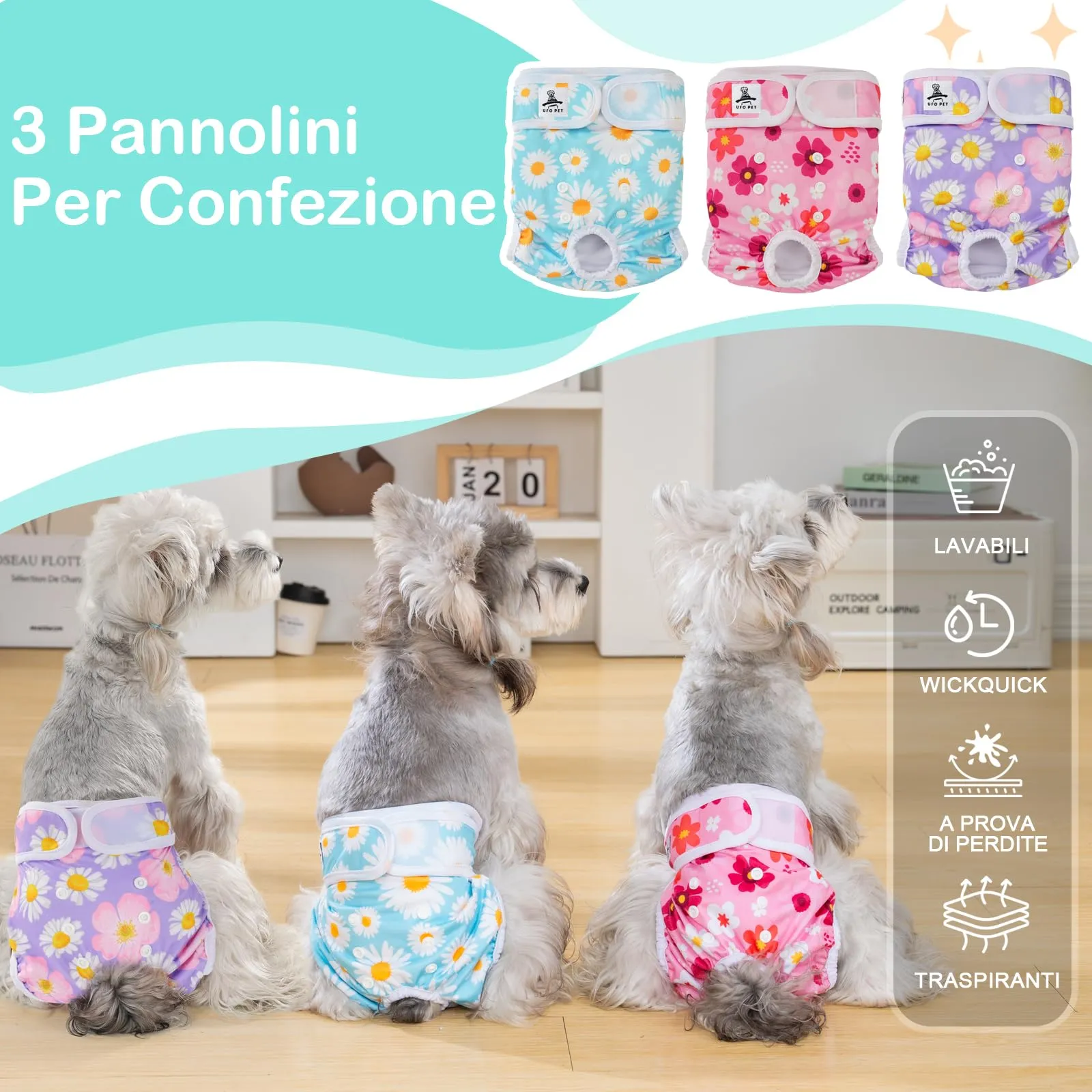 UFO PET Mutandine Lavabili per Cane Femmina in Calore, Taglia L, 3 Pezzi - immagine 3