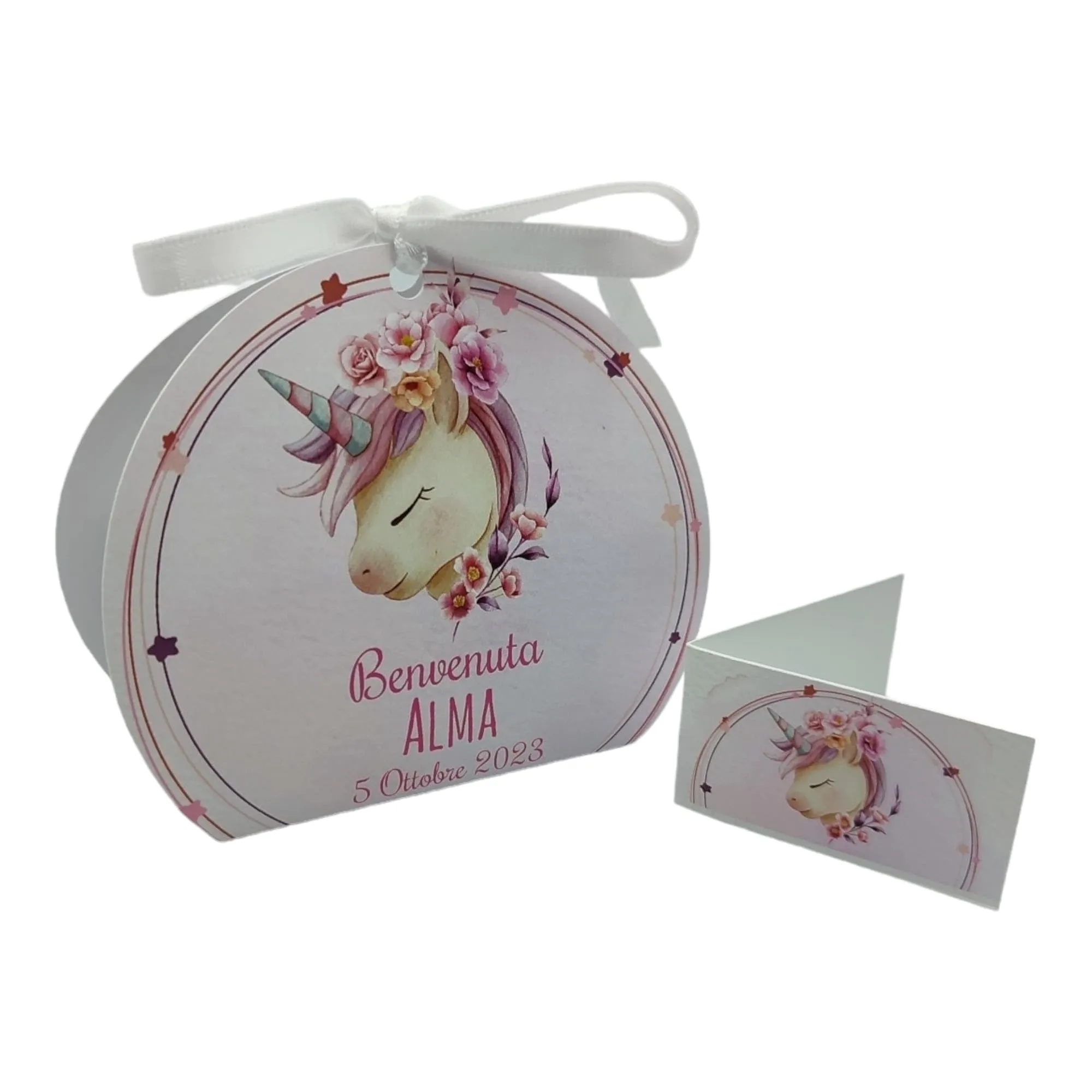 PV Grafik Scatoline Portaconfetti Personalizzate per Nascita e Battesimo, Set 24+24 con Bigliettini e Nastrini, Unicorno, 8x8,5x4 cm (Tunna47) - immagine 1