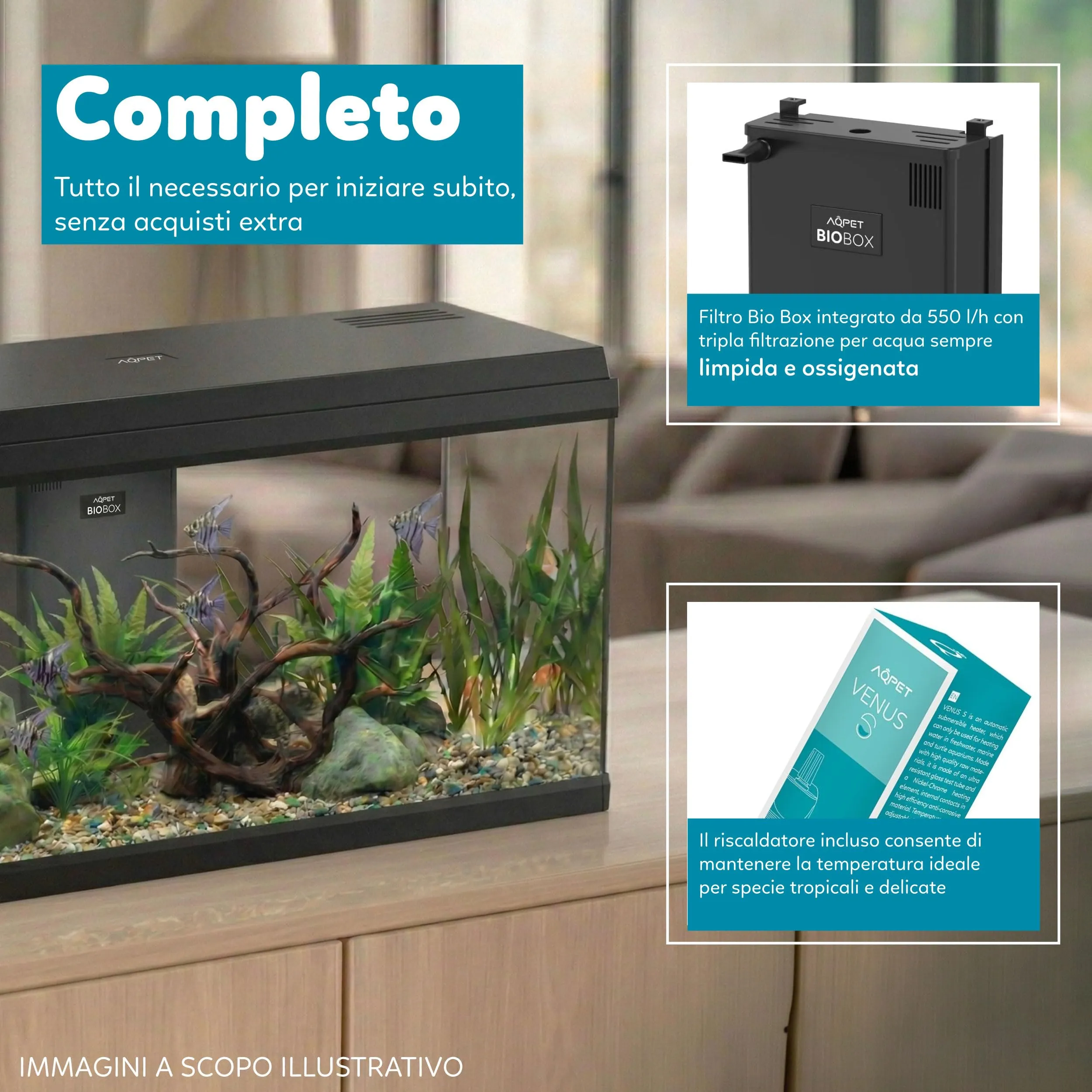 Aqpet Acquario in Vetro per Pesci Tropicali con Filtro, Luce e Riscaldatore, 80x32x47 cm, 100 Litri - immagine 3