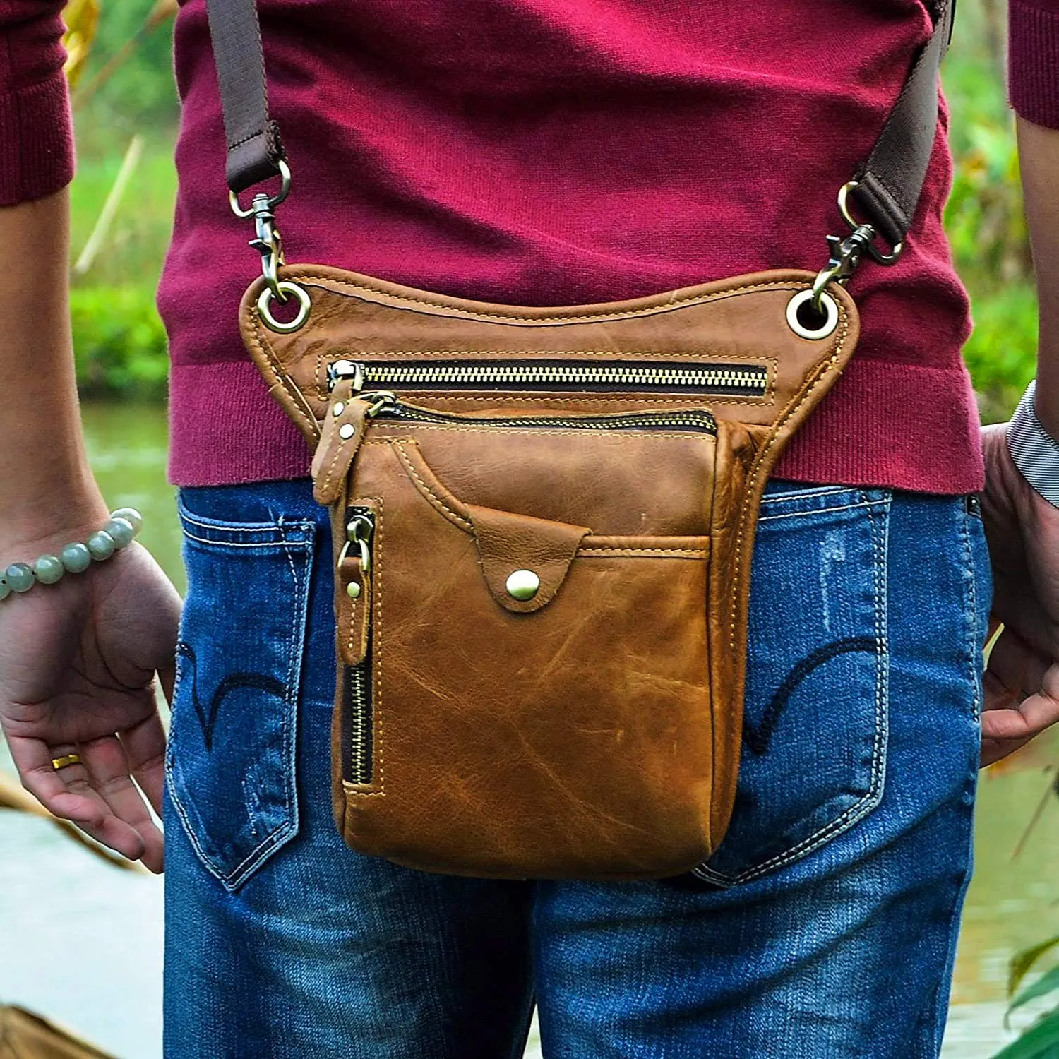 Le'aokuu Marsupio in Vera Pelle per Moto Borsa a Tracolla e Coscia 211-5 - immagine 3
