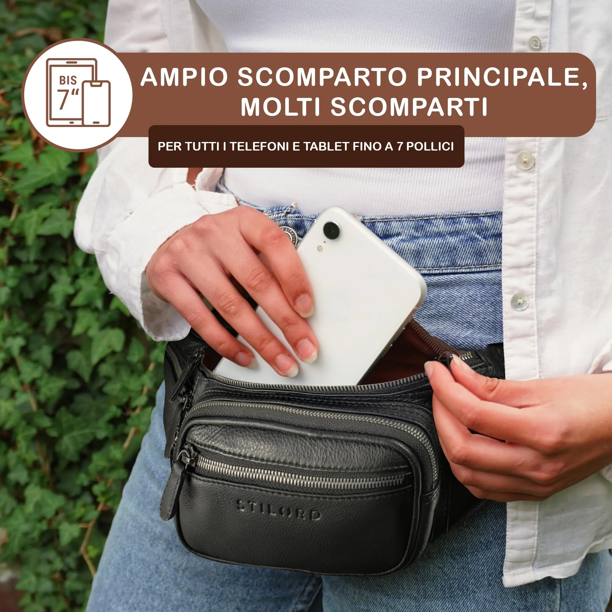 STILORD Caspar Marsupio in Vera Pelle Nero con 6 Tasche - immagine 2