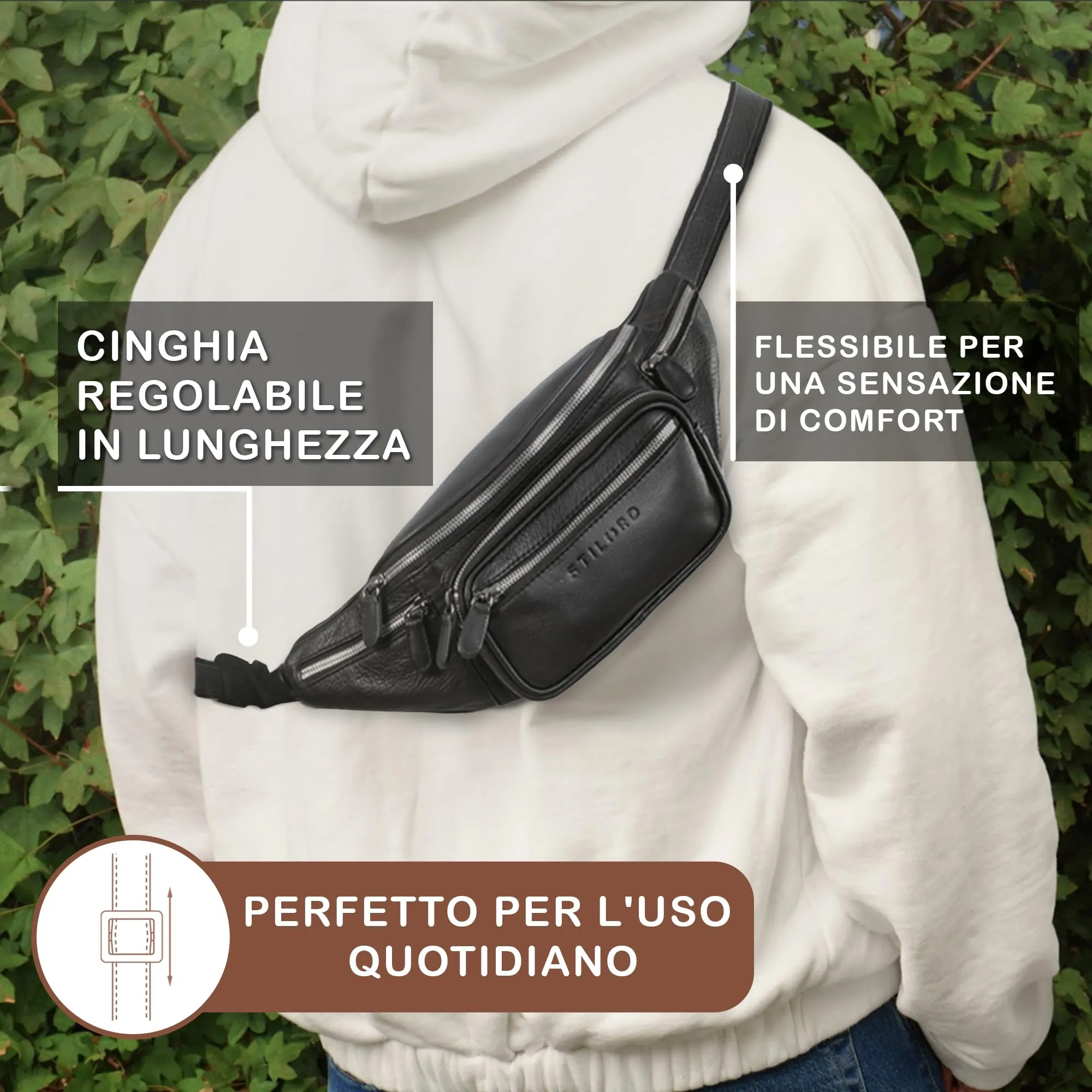 STILORD Caspar Marsupio in Vera Pelle Nero con 6 Tasche - immagine 3