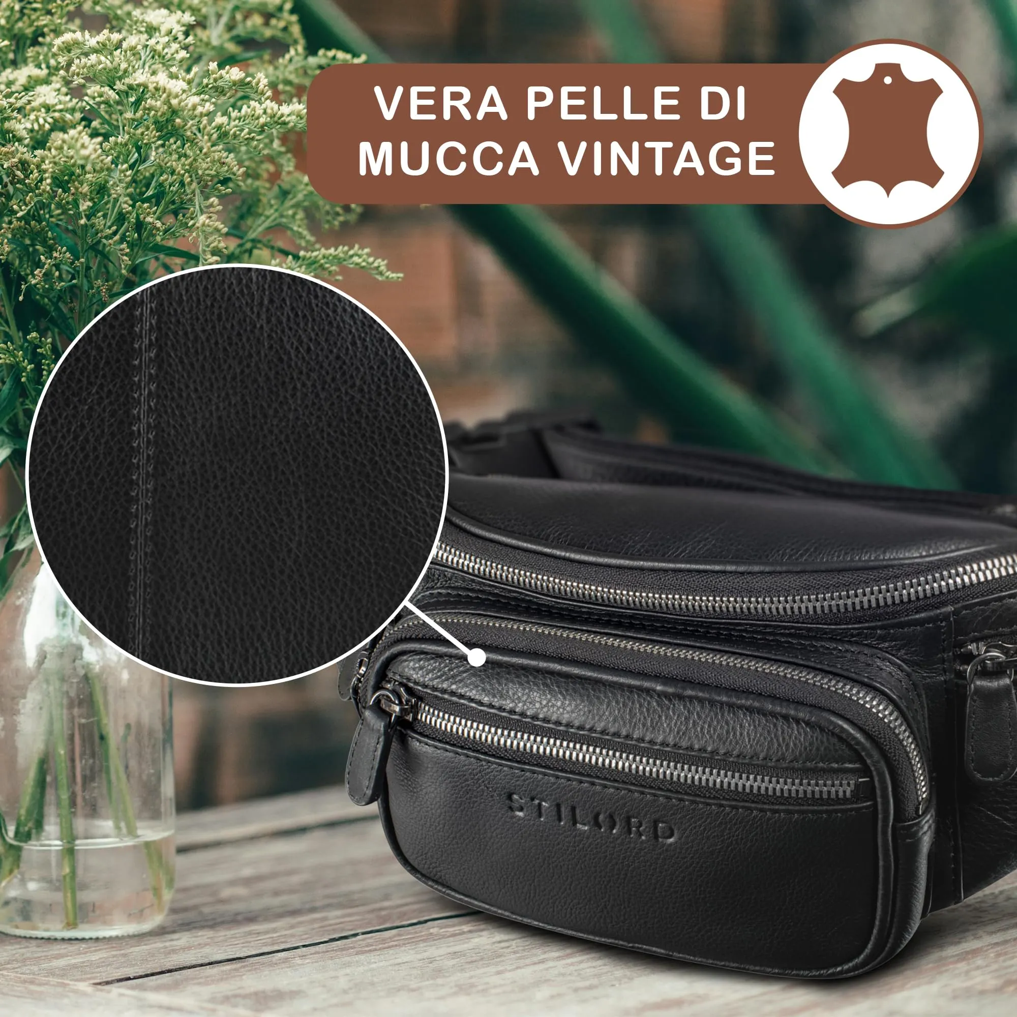 STILORD Caspar Marsupio in Vera Pelle Nero con 6 Tasche - immagine 6