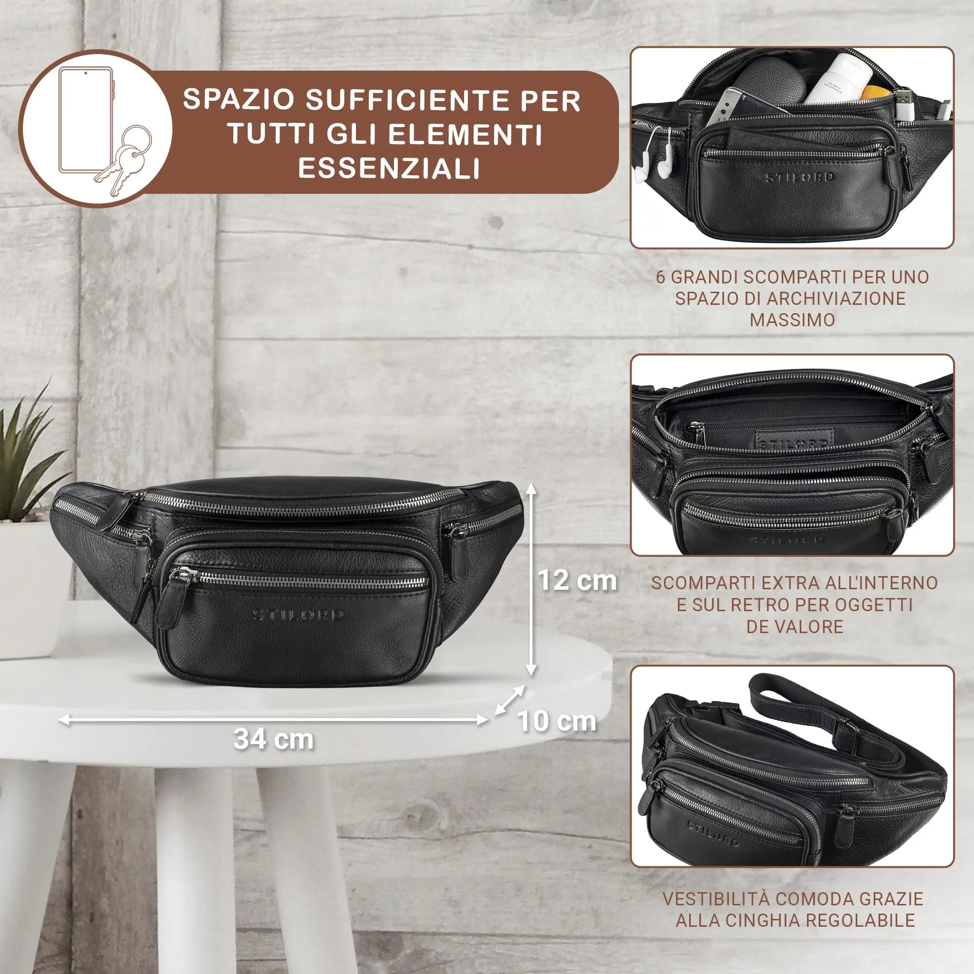 STILORD Caspar Marsupio in Vera Pelle Nero con 6 Tasche - immagine 7