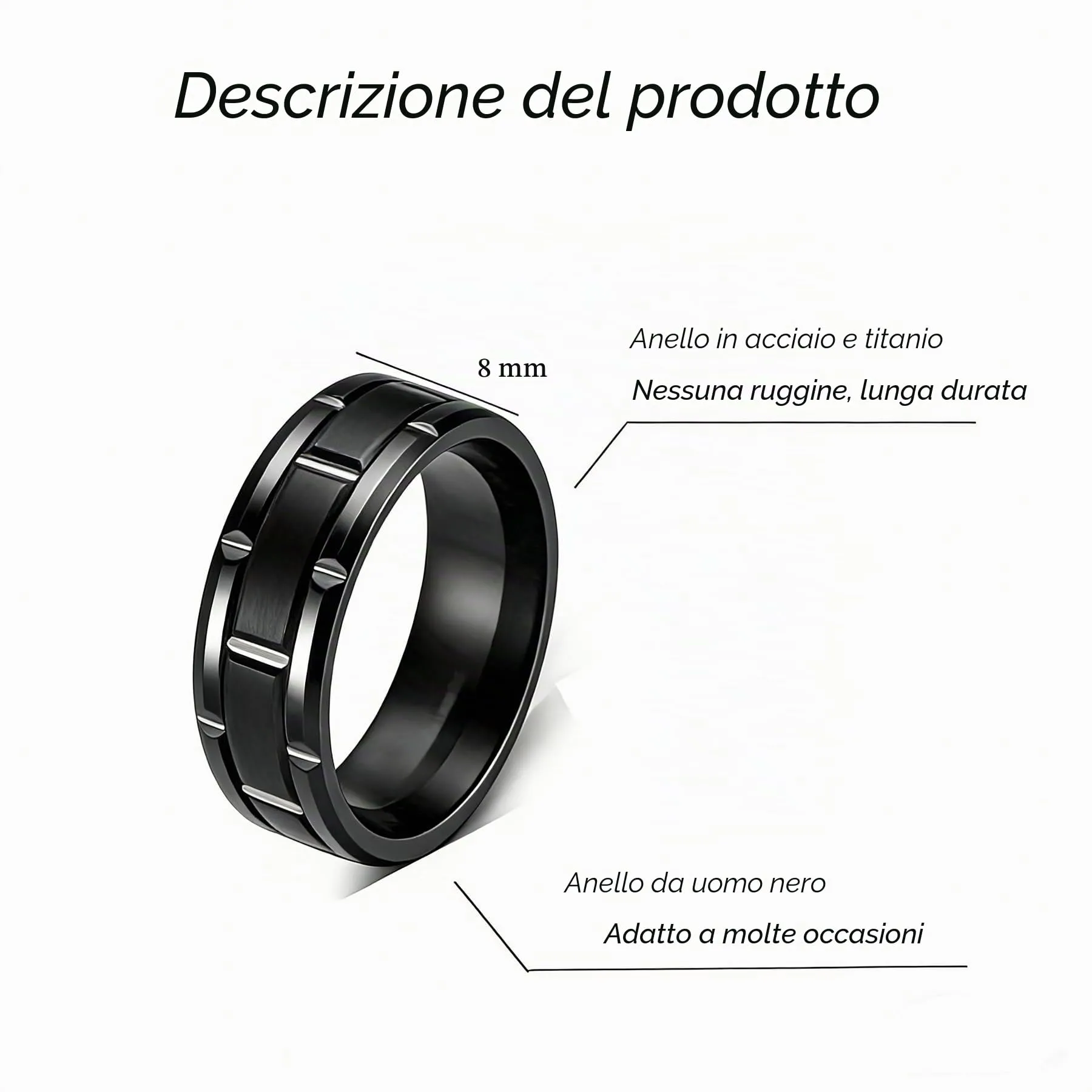MAGIIE Anello Uomo a Quadri in Acciaio Inossidabile, Nero, 8mm, Misura 24 - immagine 2