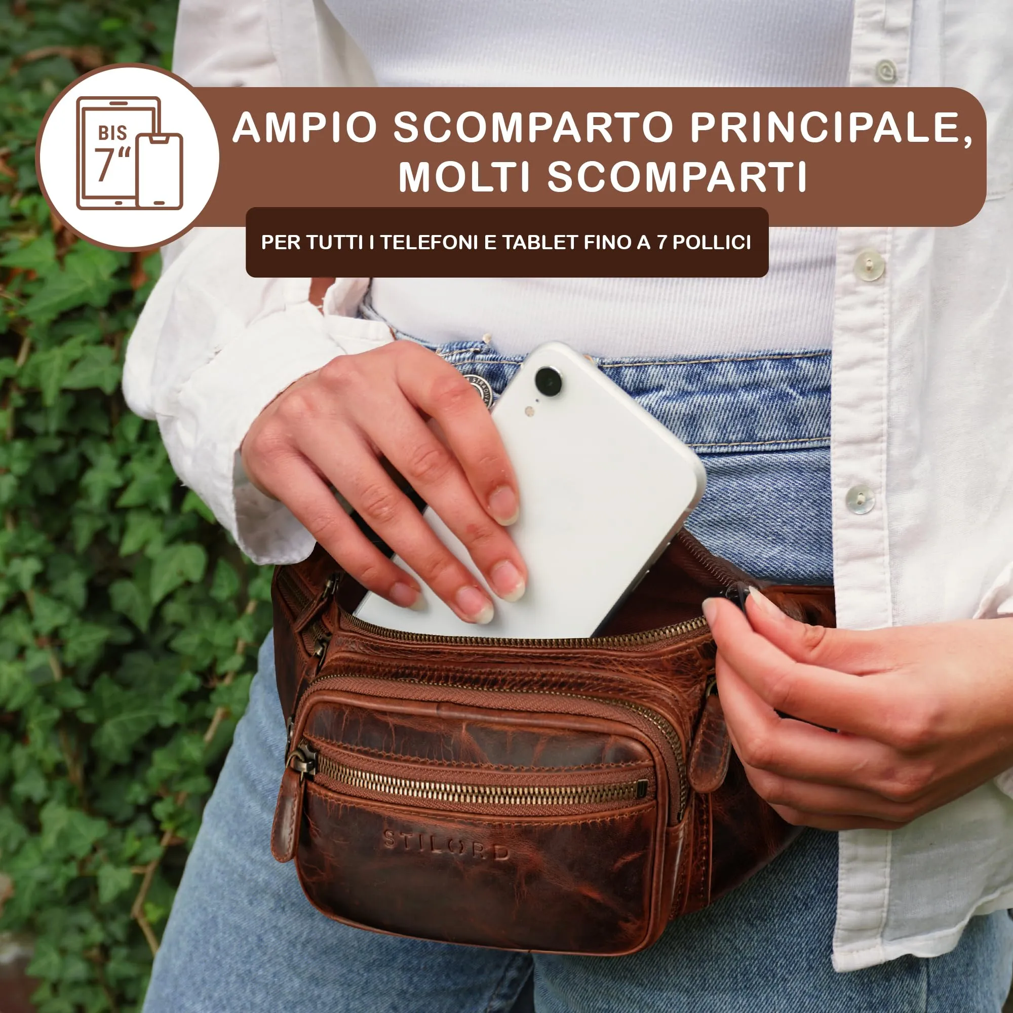 STILORD Caspar Marsupio in Vera Pelle Vintage, 6 Tasche, Kara - Cognac - immagine 2