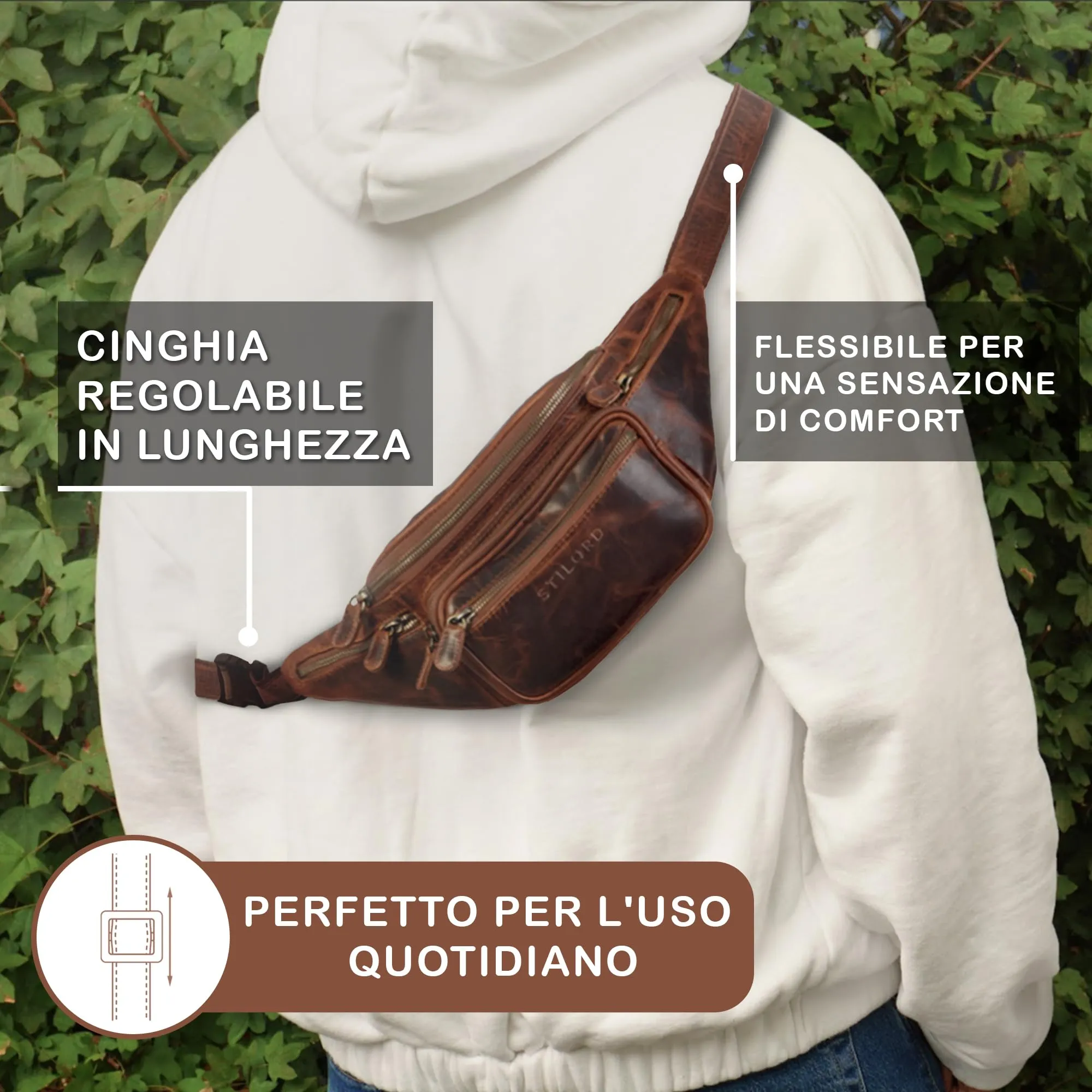 STILORD Caspar Marsupio in Vera Pelle Vintage, 6 Tasche, Kara - Cognac - immagine 3