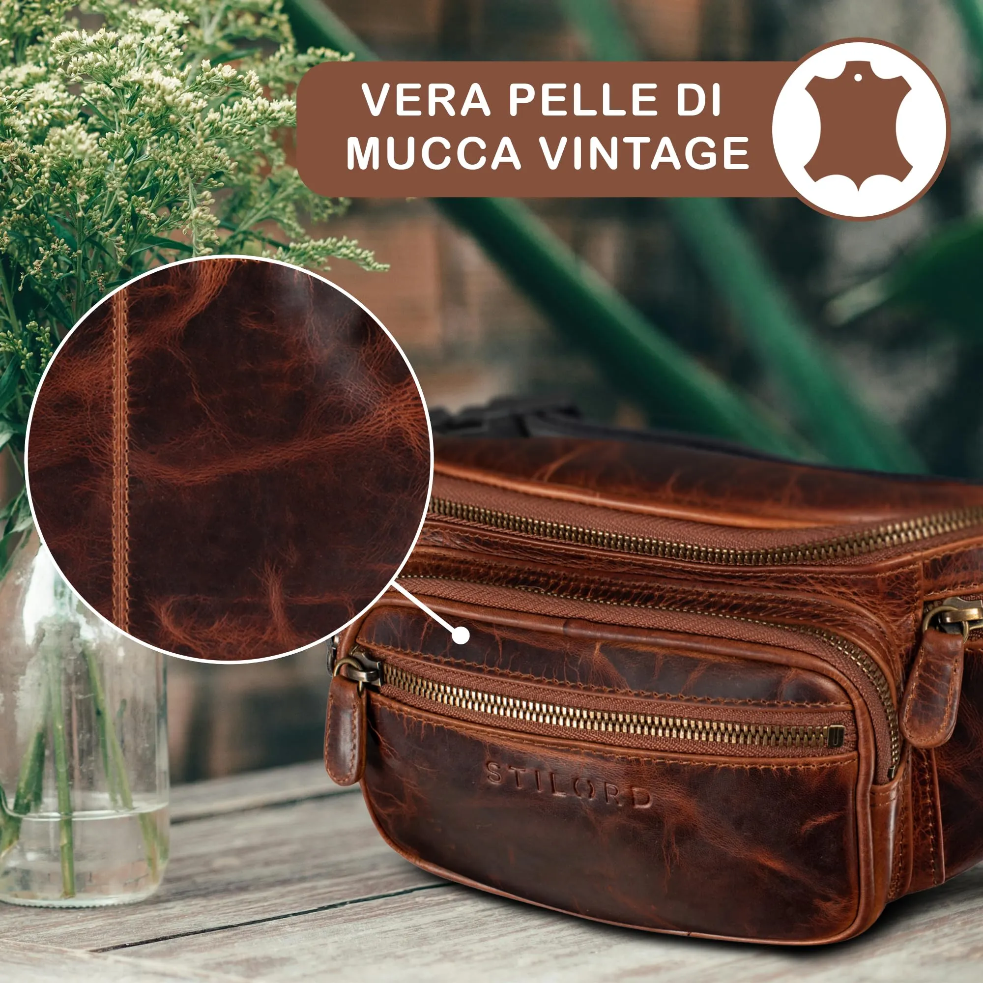 STILORD Caspar Marsupio in Vera Pelle Vintage, 6 Tasche, Kara - Cognac - immagine 6