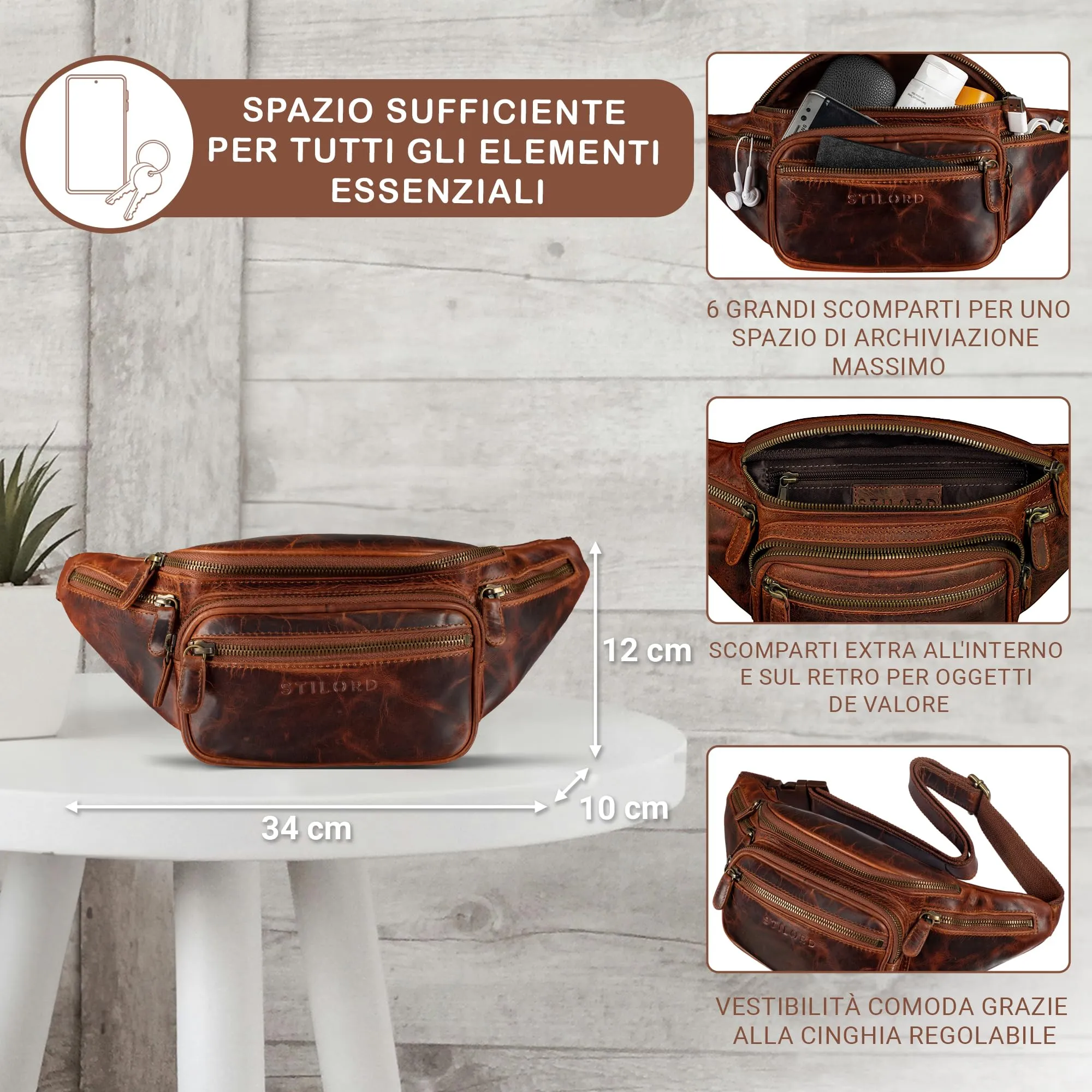 STILORD Caspar Marsupio in Vera Pelle Vintage, 6 Tasche, Kara - Cognac - immagine 7
