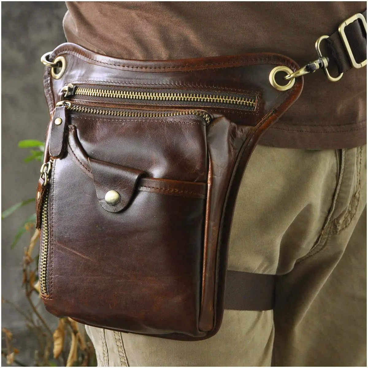 Le'aokuu Marsupio in Vera Pelle per Moto Borsa a Tracolla per Gamba e Coscia 211-5 Vino - immagine 2