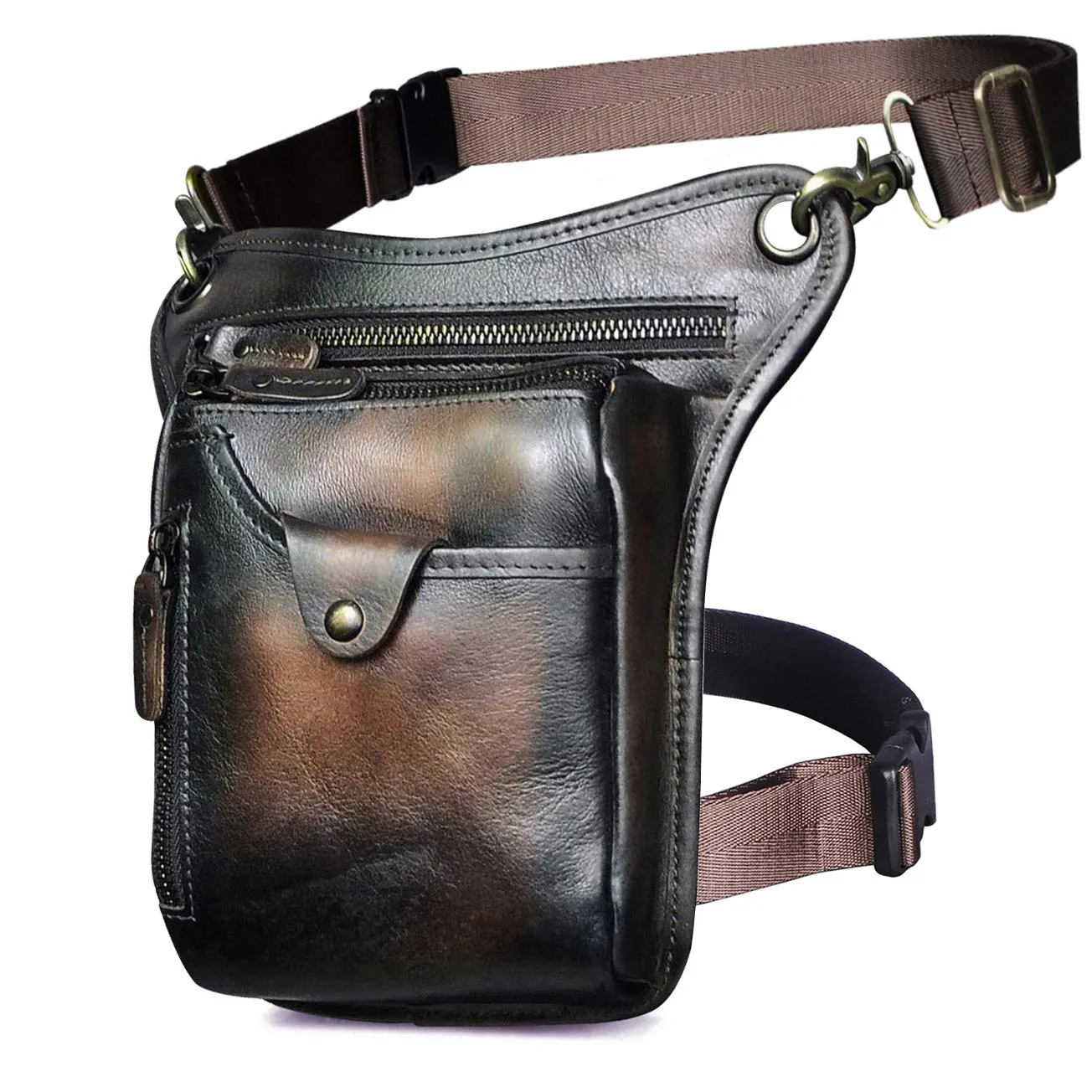 Le'aokuu Marsupio in Vera Pelle per Moto Borsa a Tracolla per Gamba 211-5 - Caffè - immagine 1