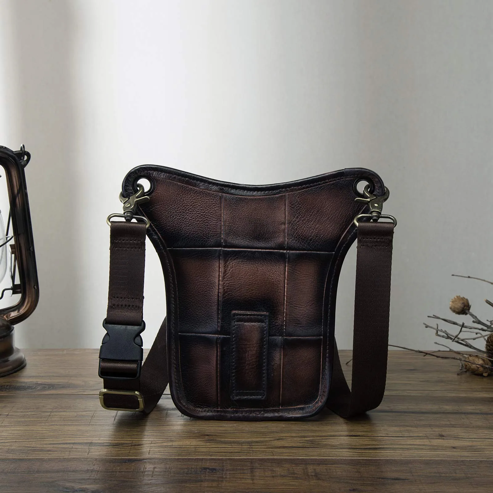 Le'aokuu Marsupio in Vera Pelle per Moto Borsa a Tracolla per Gamba 211-5 - Caffè - immagine 3
